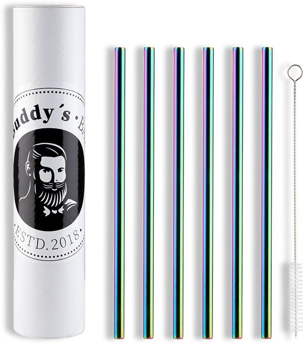 Buddy's Trinkhalme Buddy´s Bar, (Set), wiederverwendbar, 6 Strohhalme + Reinigungsbürste, Regenbogen-Look