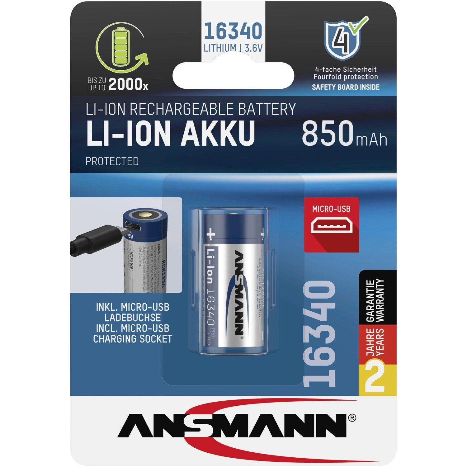 ANSMANN® Akku USB mAh 16340 850 micro Akku Li-Ion