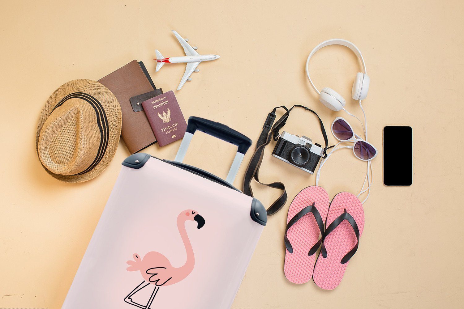 MuchoWow - Rosa Rollen, Flamingo 4 Handgepäckkoffer Reisetasche mit Mädchen, - Ferien, Handgepäck Illustration Reisekoffer - - - Handarbeit Kinder für Trolley, rollen,