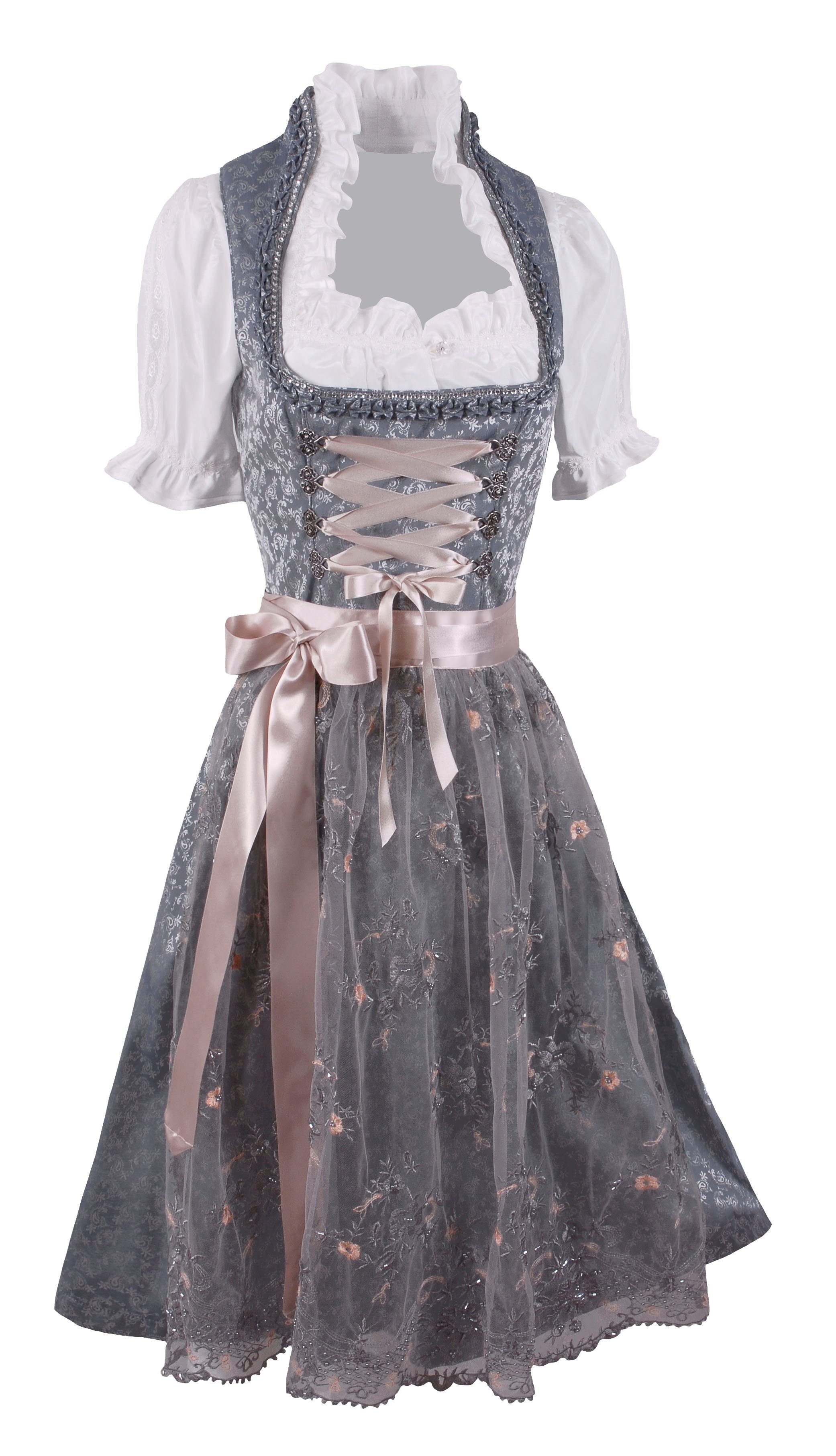 Moschen-Bayern Dirndl Midi Dirndl kurz Damen Trachtenkleid Oktoberfest Wiesn-Dirndl 70 cm Spitzenschürze elegant festlich Hochzeit Silber-Grau Kurz, Trachtenkleid, Midi, Stickerei, Hochzeit, Spitze, festlich, Dirndl