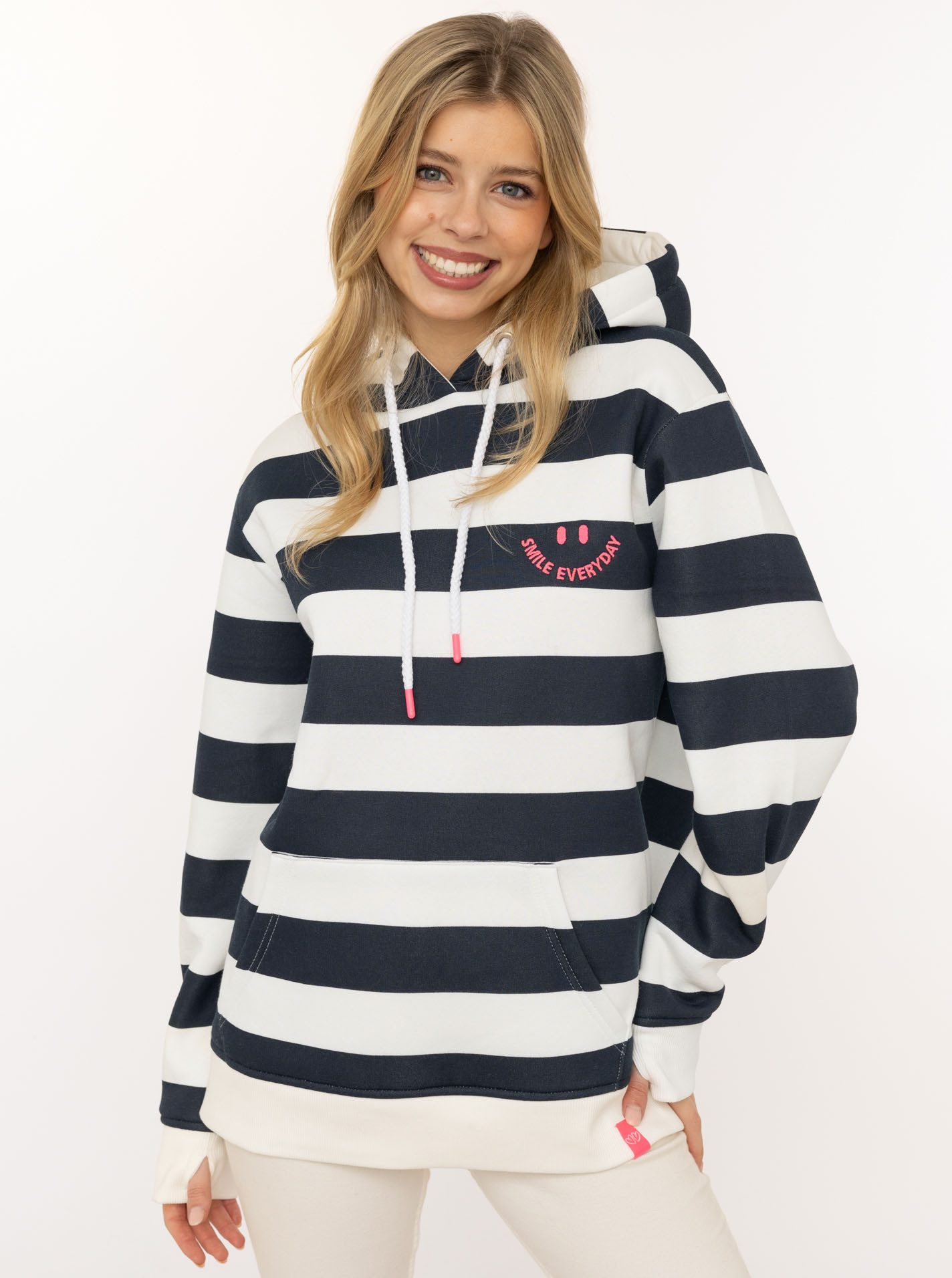 Zwillingsherz Hoodie "Streifen Smile Everyday" Blockstreifen, pinke Stickerei, Kängurutasche, Kapuze