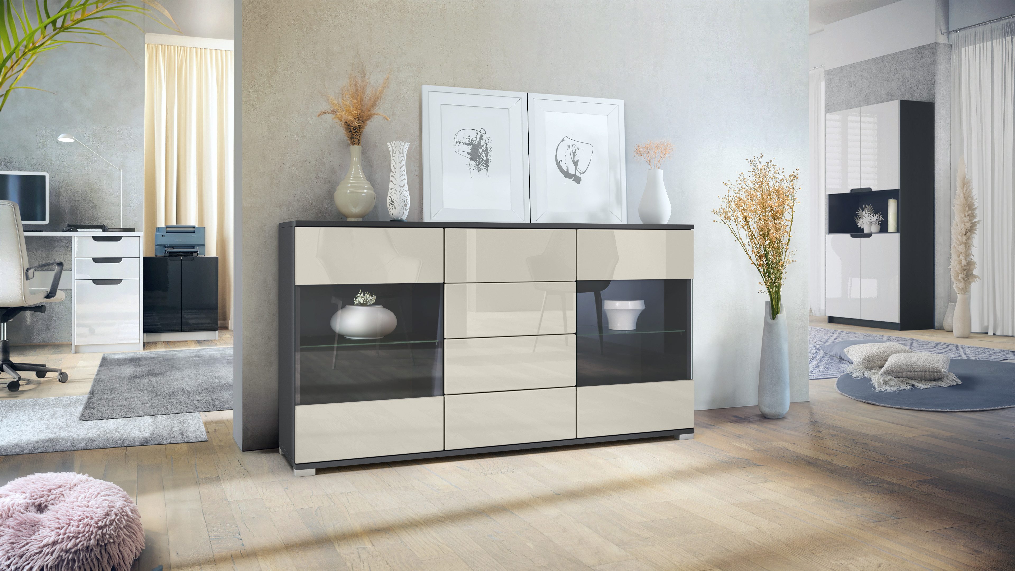 Vladon Sideboard Bari V1 (Kommode mit 2 Türen, 4 Schubladen und 2 flexible Glaseinlegeböden), Anthrazit matt/Creme Hochglanz (138,5 x 75,5 x 35)