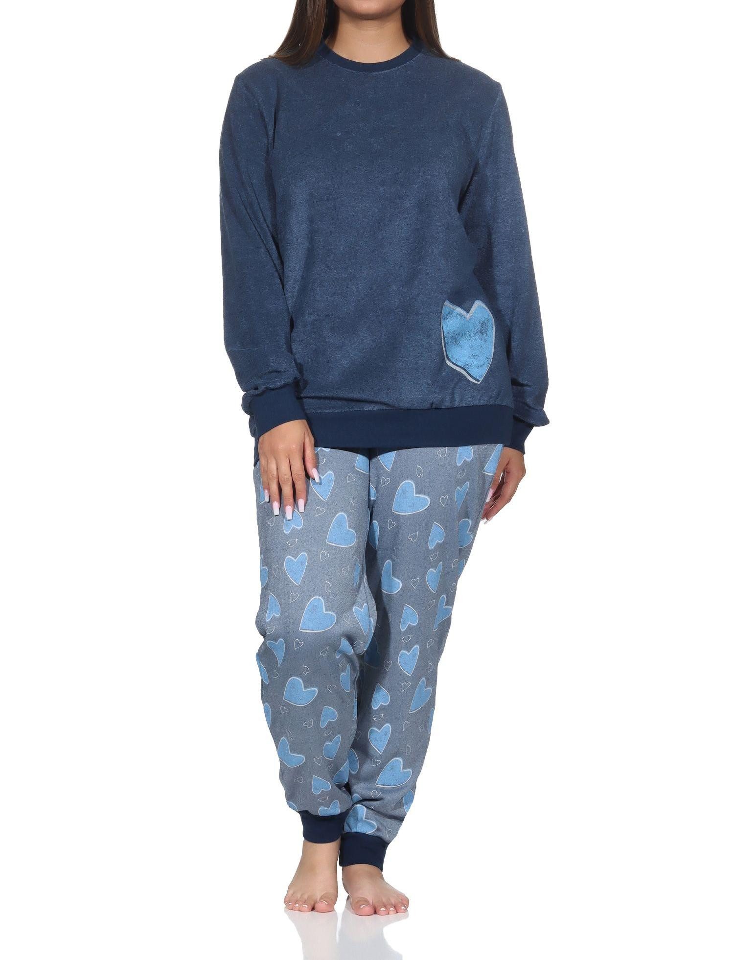 Pyjama Normann Damen Frottee Schlafanzug langarm mit Bündchen in Herz Optik