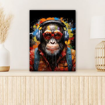 OneMillionCanvasses® Leinwandbild Schimpanse - Affe - Tiere - Graffiti - Brillen - Kopfhörer - Farben, (1 St), Leinwand Bilder für Wohnzimmer Schlafzimmer 30x40 cm