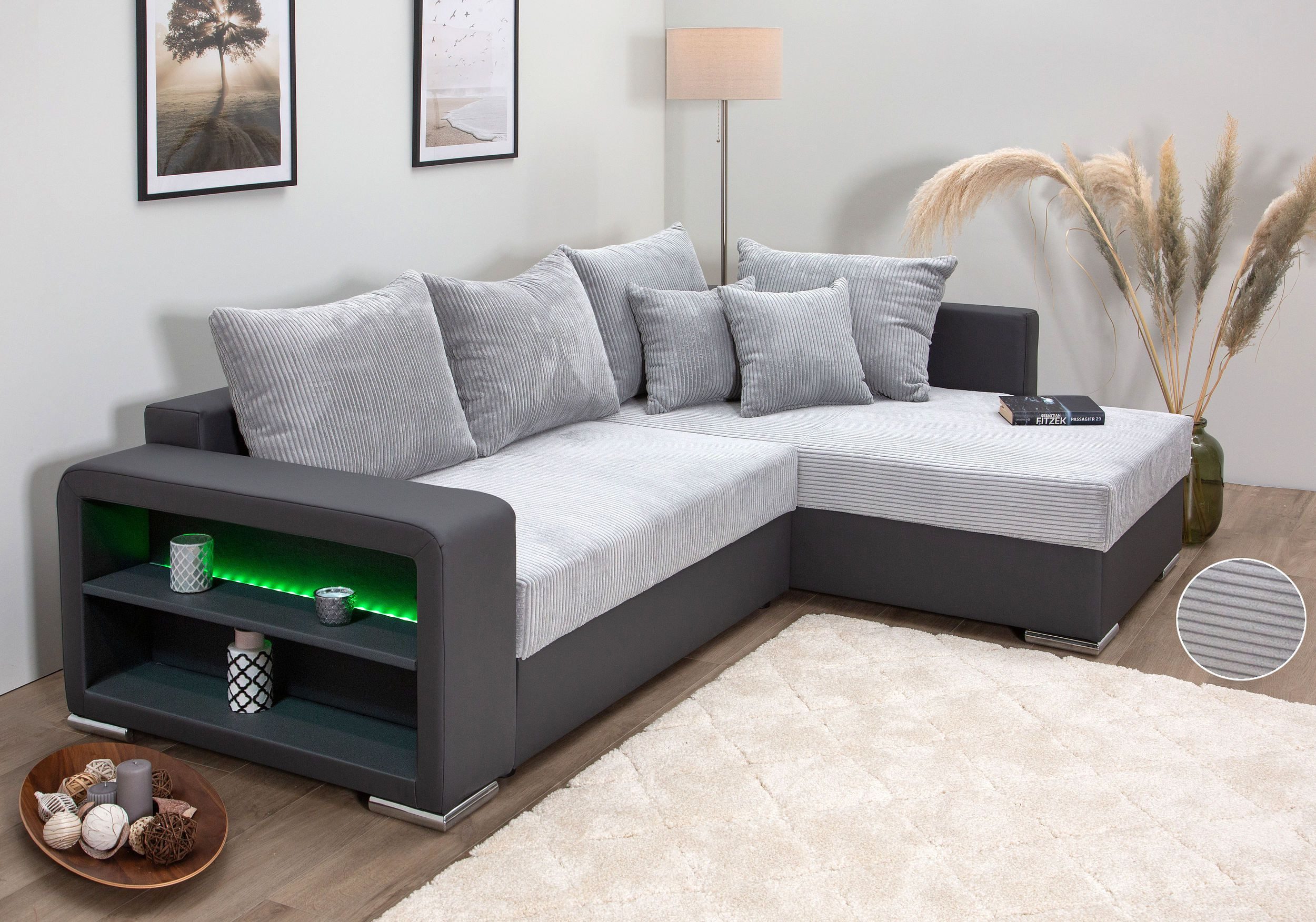 COLLECTION AB Ecksofa "L-Form" Regalarmlehne mit LED RGB Beleuchtung,Bettfu günstig online kaufen