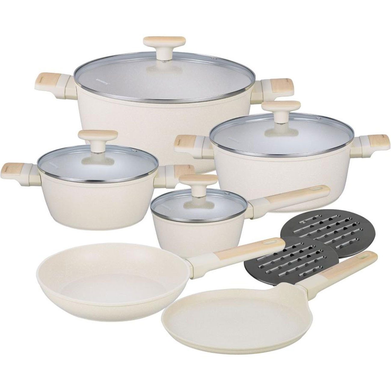 Klausberg Topf-Set 12tlg. Design Kochset beige: Marmor-Antihaft, Glasdeckel & Griffe, (12-tlg), Hochwertig und robust verarbeitet