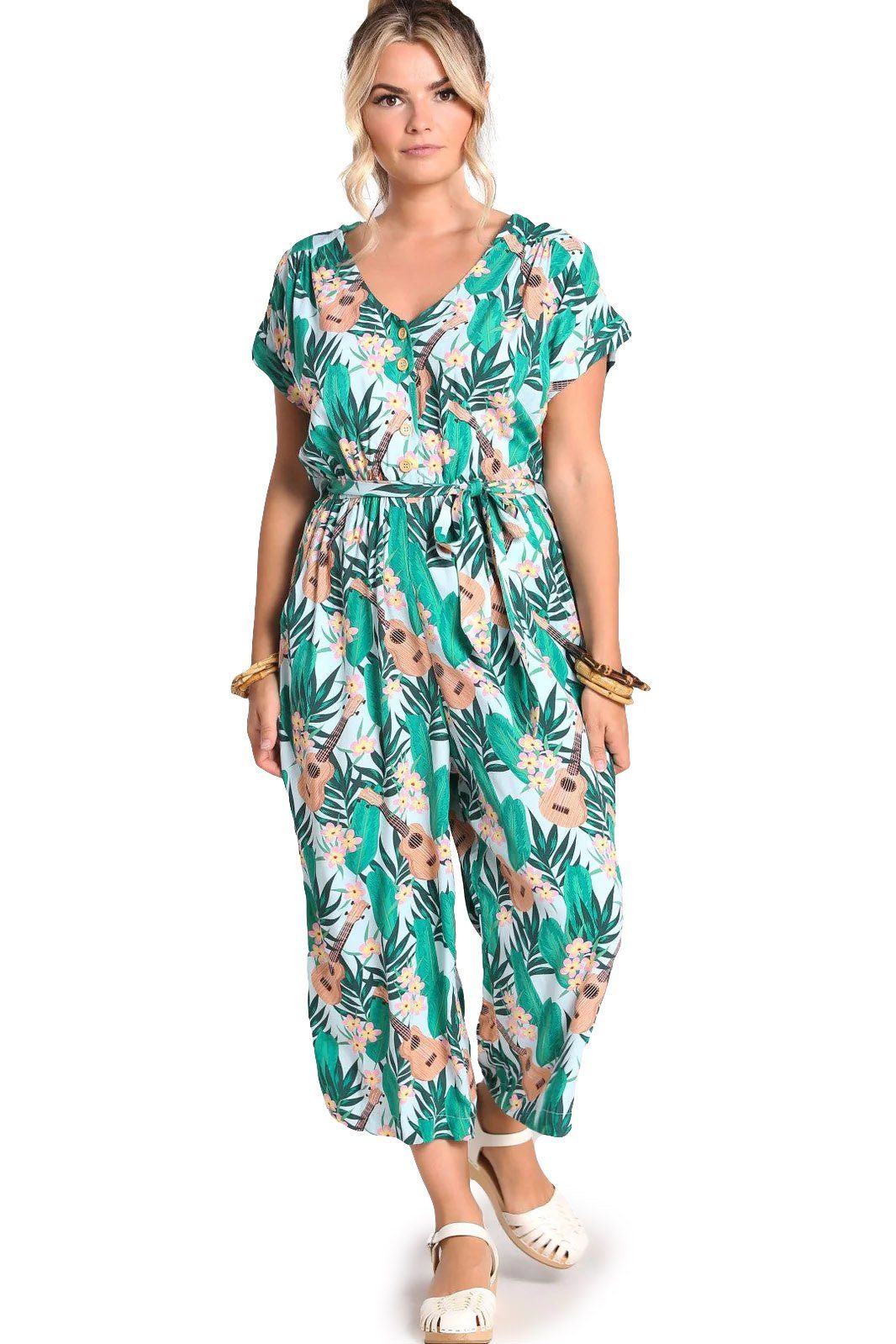 Hell Bunny Jumpsuit Ululani Tropical Hawaii Blumen Print Overall Relaxed Fit