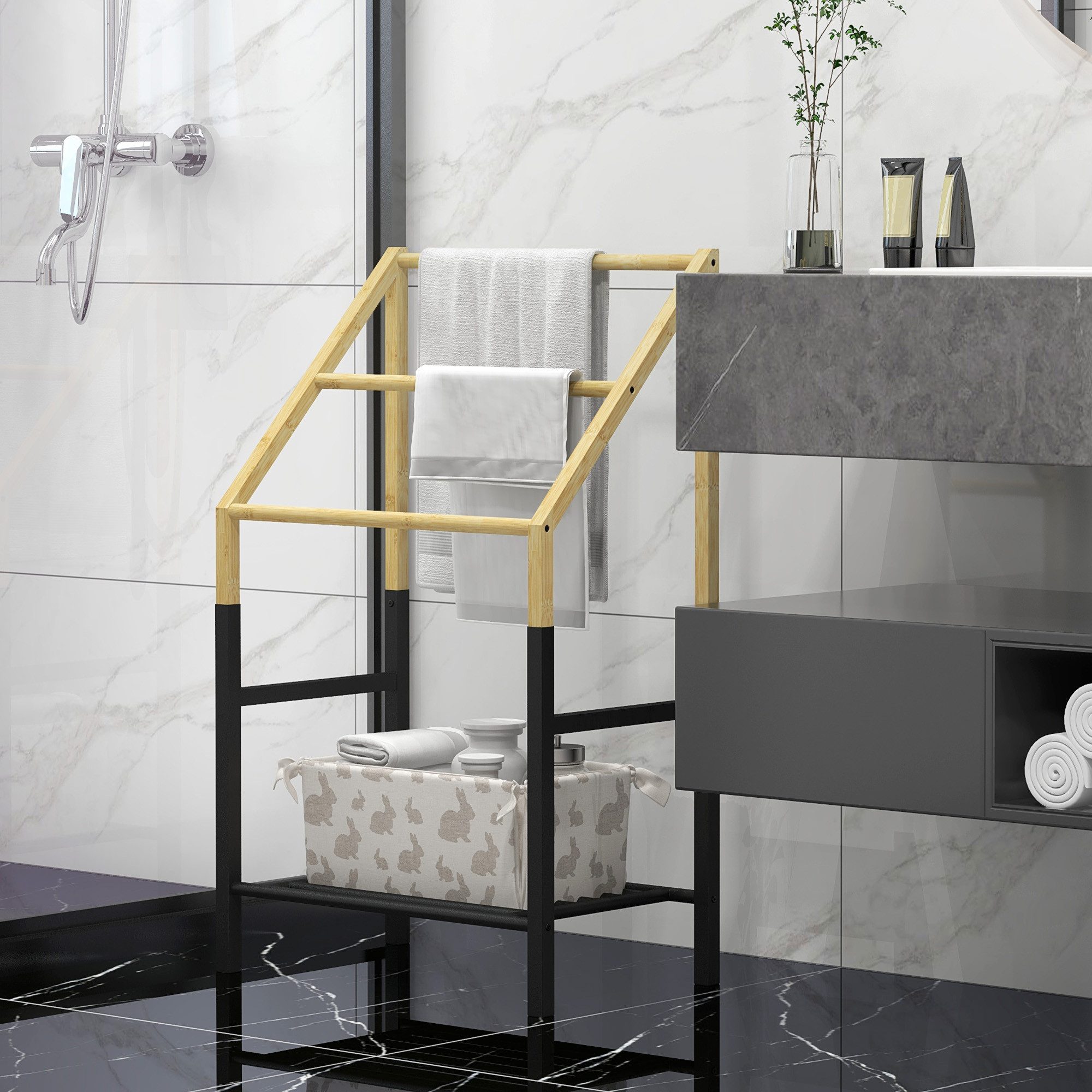 HOMCOM Handtuchhalter 3-stöckiger Handtuchregal aus Bambus mit Ablagefläche günstig online kaufen