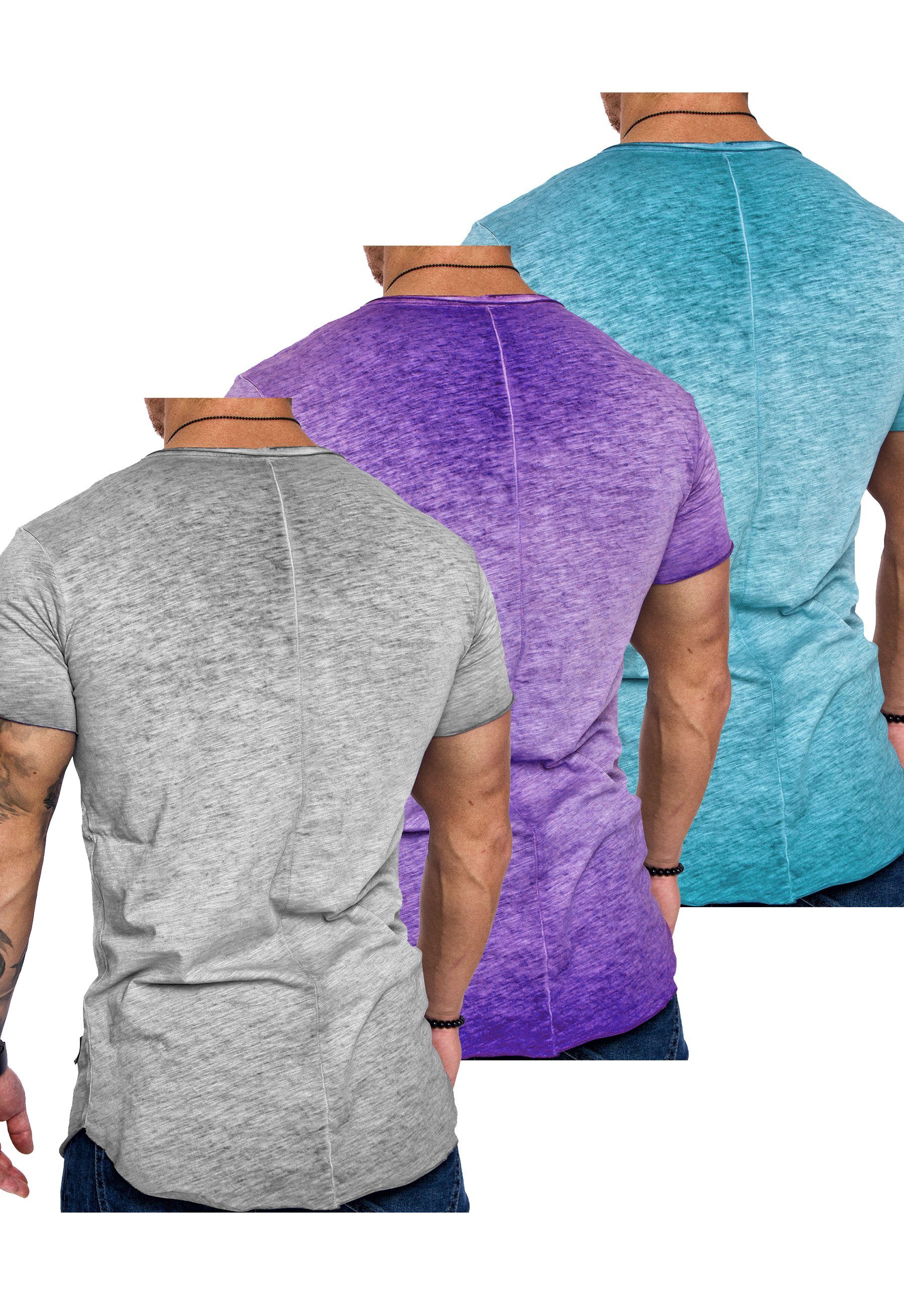 + T-Shirts + (3er-Pack) V-Ausschnitt T-Shirt 3er-Pack 3. Basic SAN Oversize Türkis) (Hellgrau Lila Amaci&Sons T-Shirt FRANCISCO mit Herren