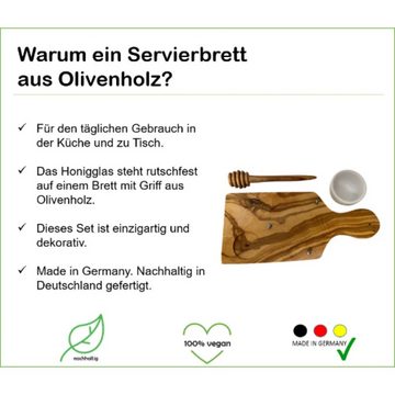 Olivenholz-erleben Servier-Set Honig-Station "All You Need", Honigheber, Porzellanschale, Honiglöffel, (3-tlg)