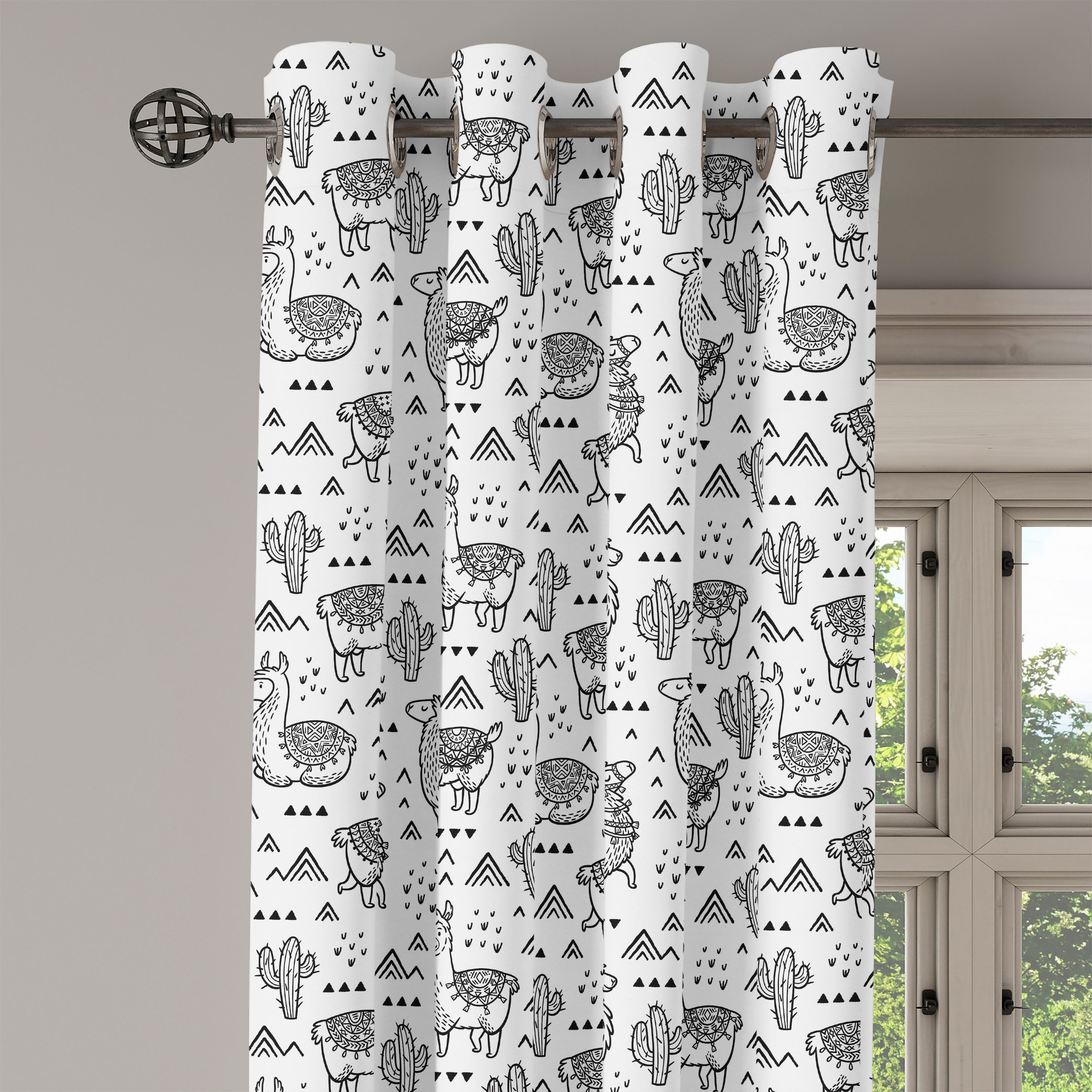 Gardine Abakuhaus, Lama Dekorative Doodle Wohnzimmer, Entwurf Schlafzimmer für 2-Panel-Fenstervorhänge Alpaka