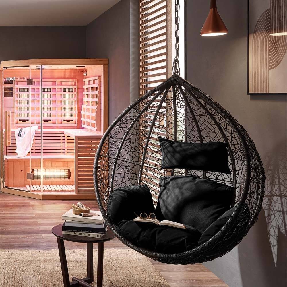 HOME DELUXE Hängesessel CIELO (Inklusive Gestell, Sitz-, Seiten- und Rückenkissen), 123 x 200 cm, Polyrattan, Rattansessel, Outdoor Schwebeliege – Bild 4 von 5
