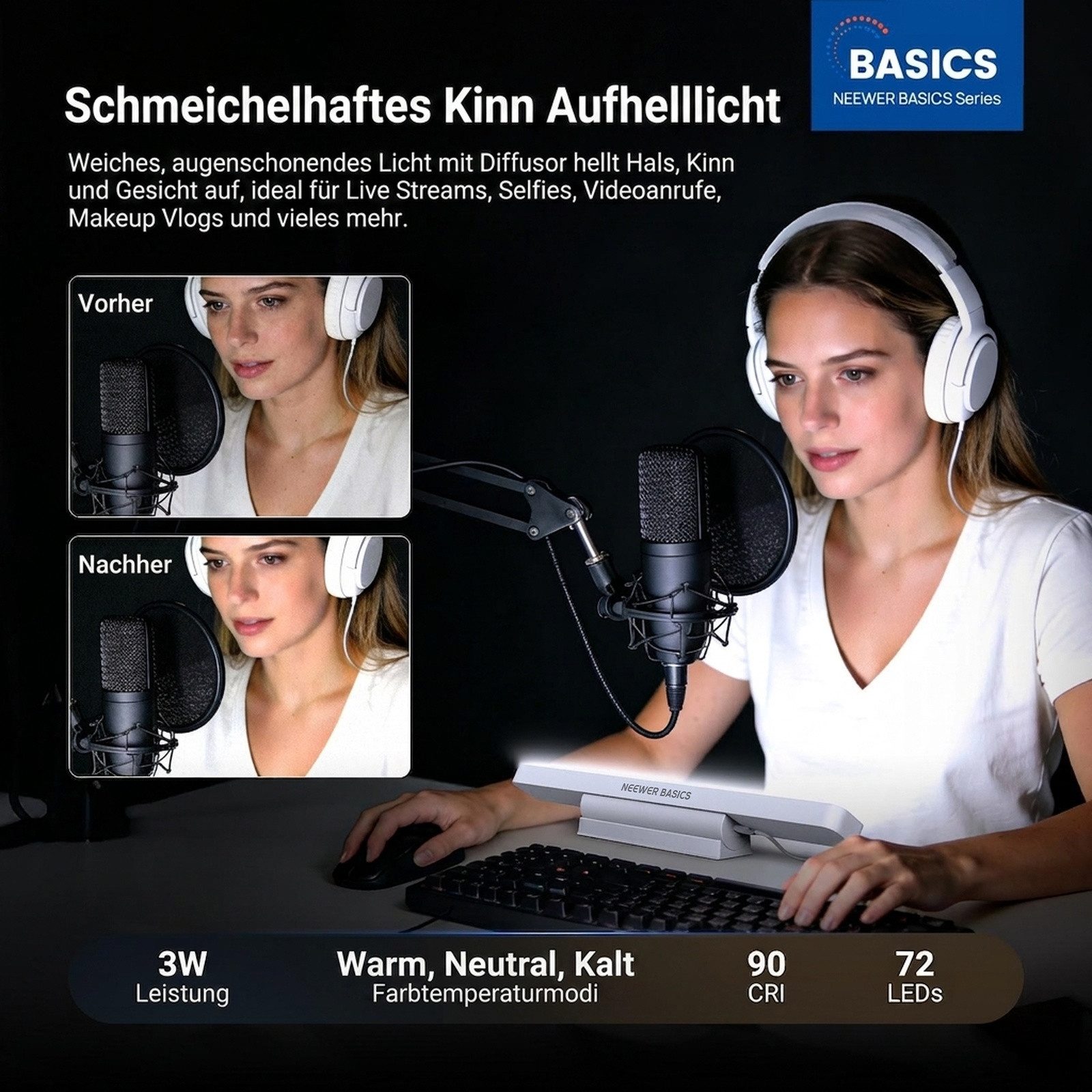 Neewer Videoleuchte TL106B Kinn Videolicht, 3W zweifarbig tragbares Tisch Selfie Fotolicht, CRI90, 2200mAh Akku