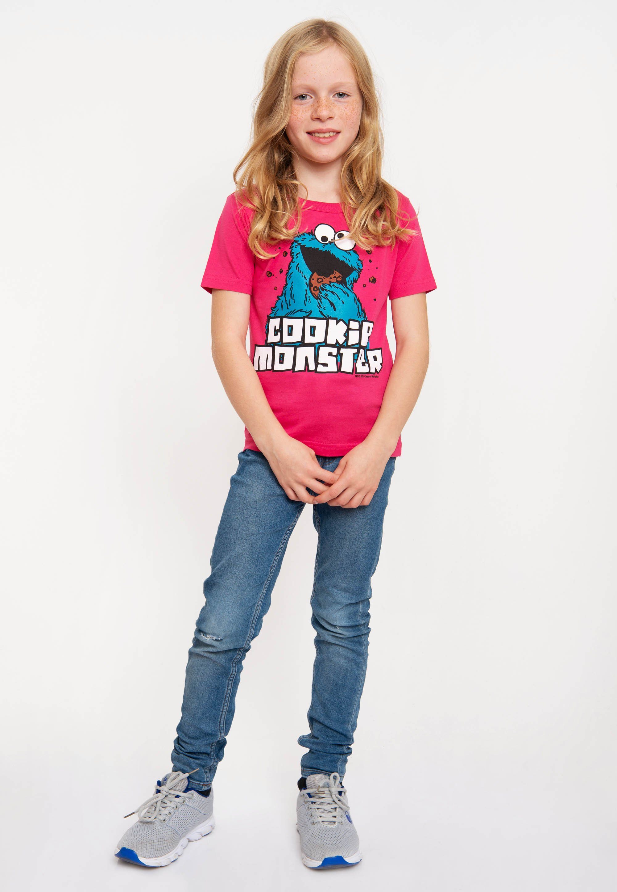 LOGOSHIRT Frontprint Sesamstraße T-Shirt - mit rosa coolem Krümelmonster