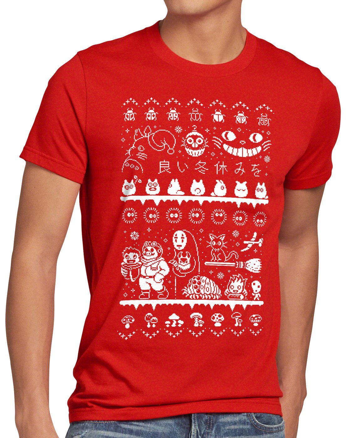 style3 Print-Shirt Herren T-Shirt Ghibli Anime Christmas Sweater t totoro mononoke schloss chihiro film rot