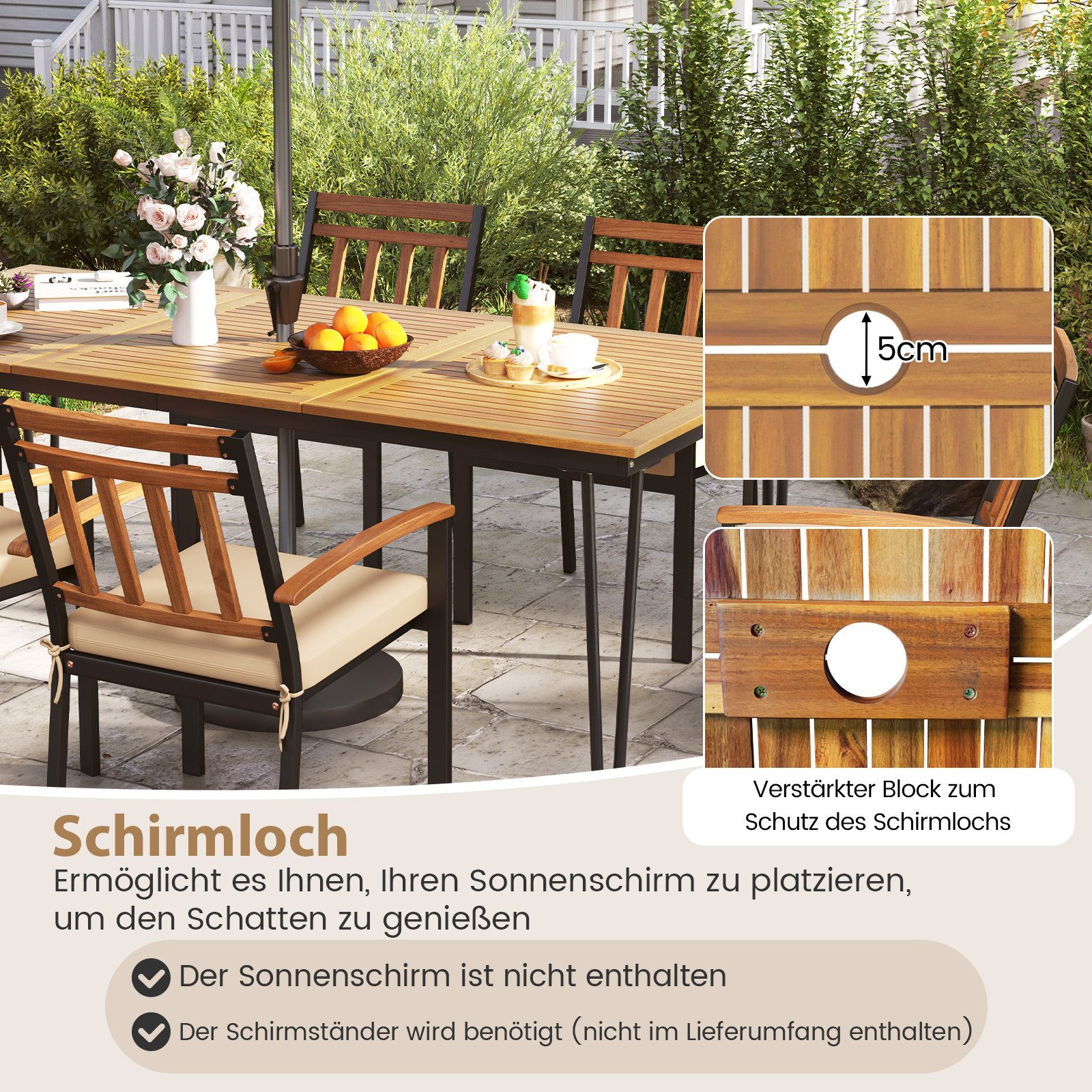 COSTWAY Gartentisch mit 5cm Schirmloch, rechteckig 200cm, Akazie, Esstisch günstig online kaufen
