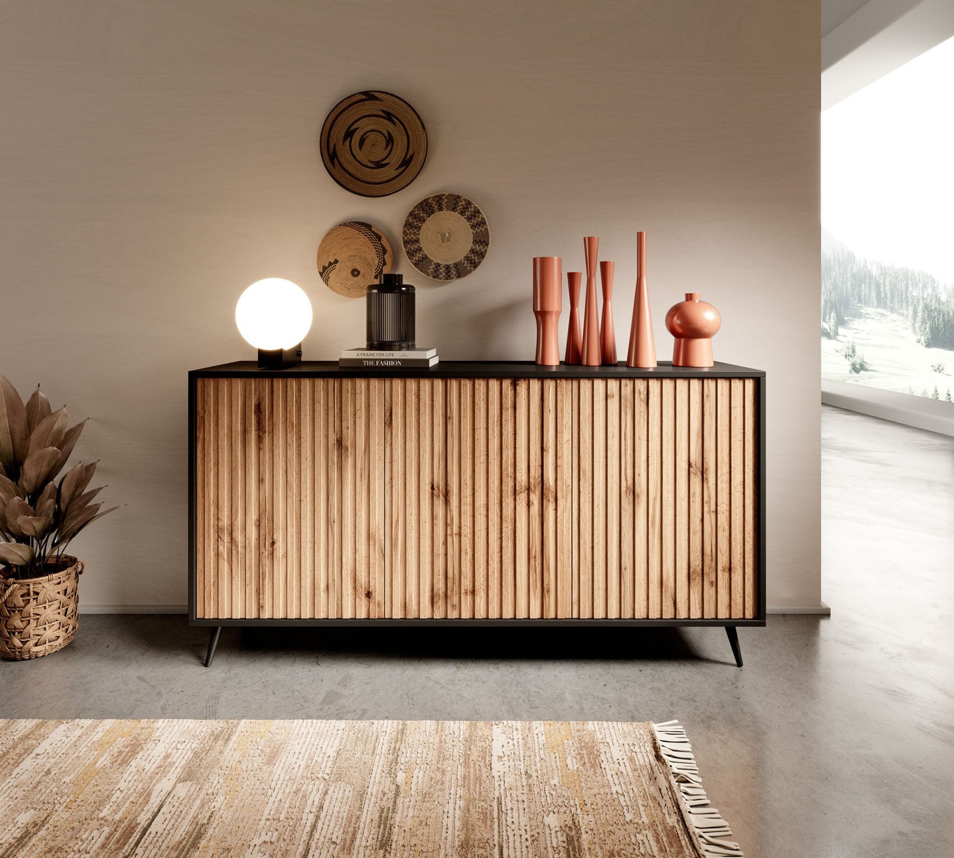 Selsey Sideboard BELLO, 3-türig mit Lamellenfronten und schwarzen Beinen, 154 cm