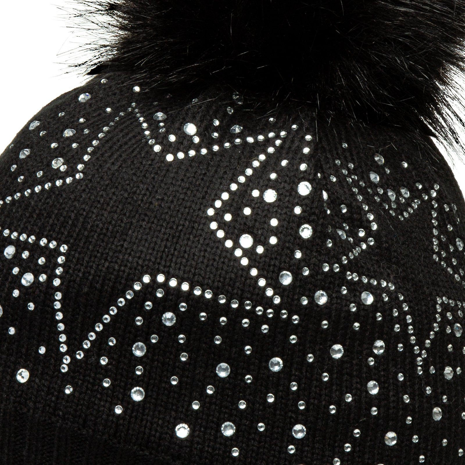 Caspar Bommelmütze MU167 Damen Fein Strick Winter Mütze mit XL Fellbommel und Glitzer Strass Stern