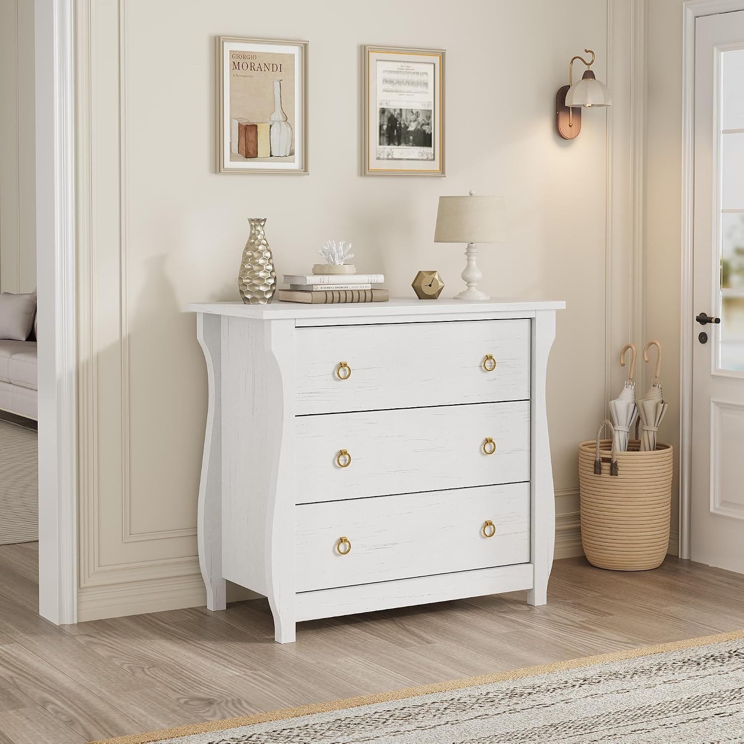 GarveeMore Kommode mit 3Schubladen,Moderne Anrichte aus Holz im Boho und Mid-Century-Stil, Metallgriffe, Anti-Kipp-Vorrichtung – Vielseitig für kleine Räume