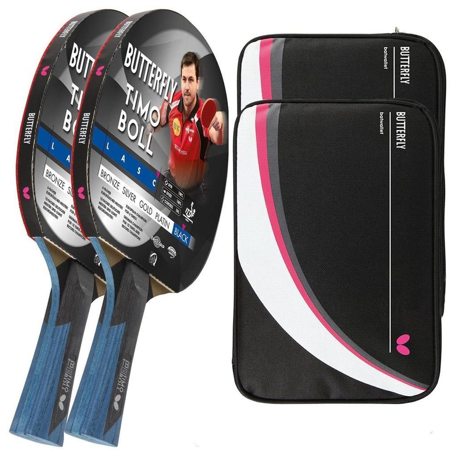 Tischtennisschläger 2x Timo Boll Black 85031 + 2x Drive Case 2