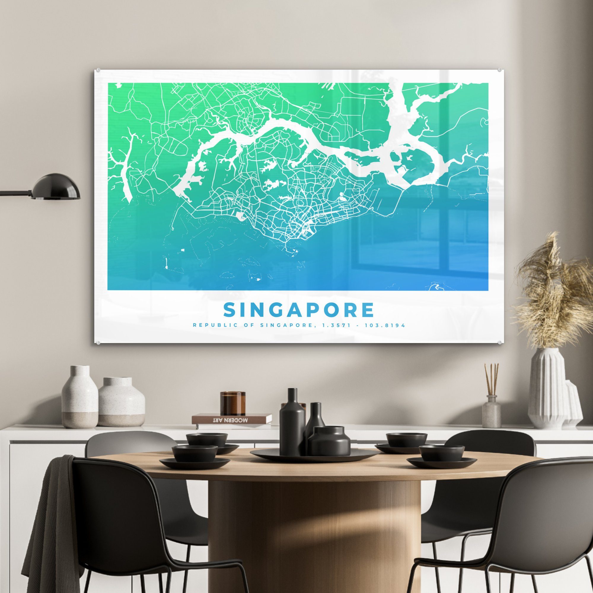 Singapur Schlafzimmer & Acrylglasbild Acrylglasbilder (1 St), Stadtplan Wohnzimmer Karte, MuchoWow - -