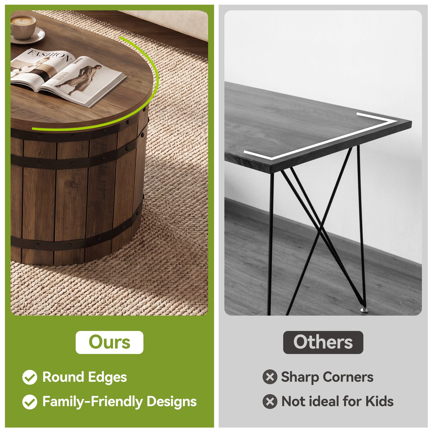 Tribesigns Couchtisch Ovaler Couchtisch Wohnzimmertisch 120 cm mit Stauraum (120 x 60 x 45 cm), 2 Ebenen Wohnzimmertisch im Industrial- und Landhausstil