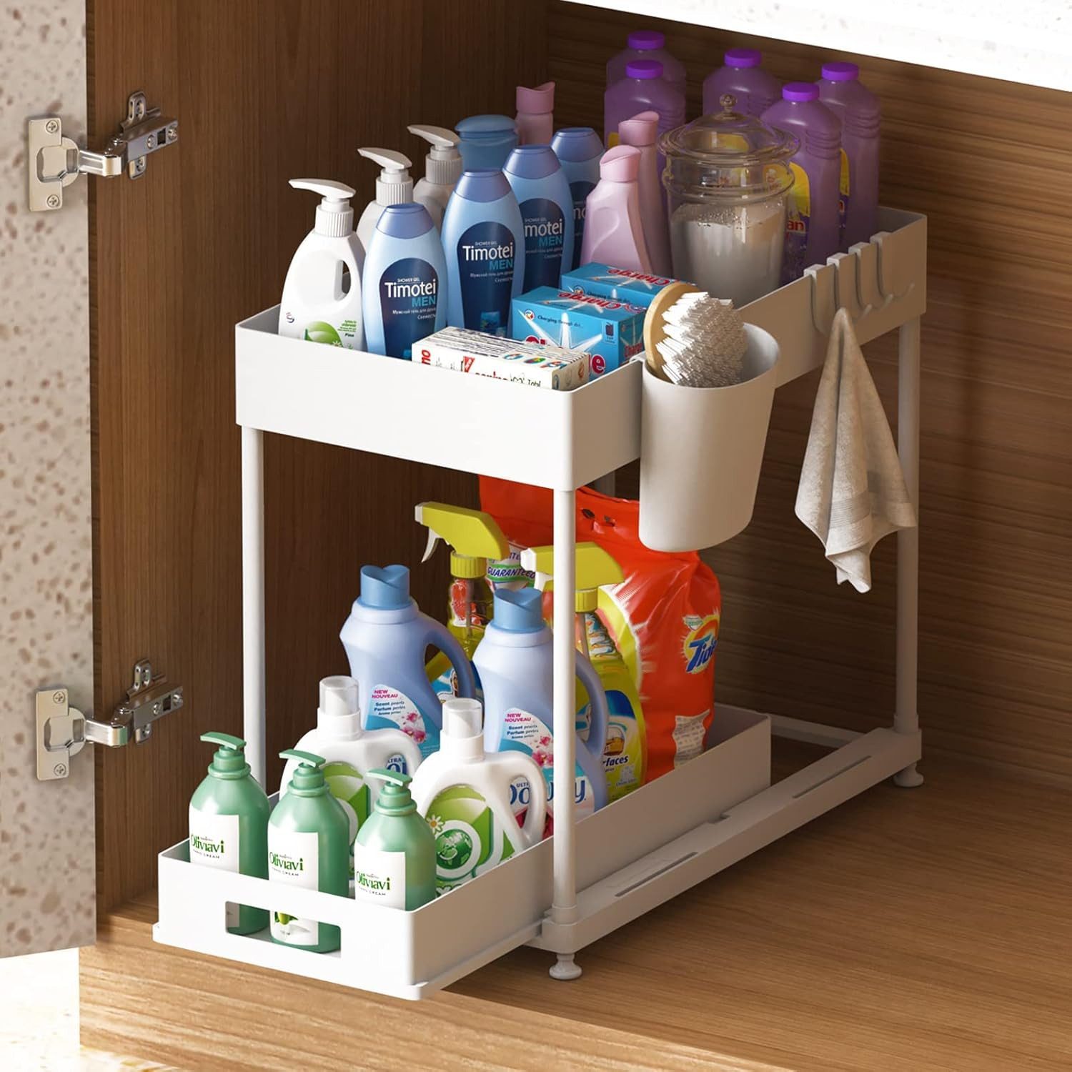 Refined Living Ablageregal Waschbecken Regal, Küchenschrank Organizer, Spülschrankregal Organizer, Lagerregal mit 2 Ebenen, mit Schiebeschublade, 4 Haken und 1  – Bild 3 von 5