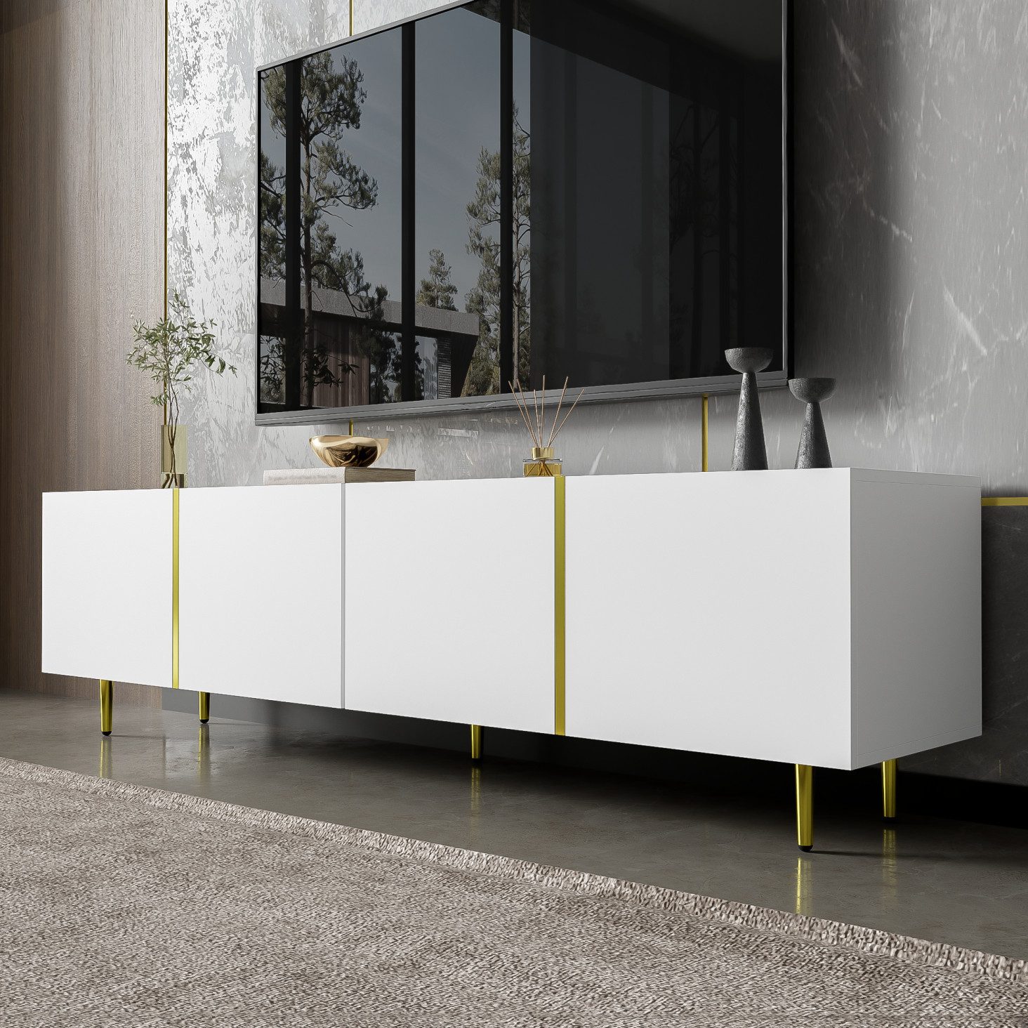 IDEASY TV-Schrank Hochglanz 4 Türen schwarz gold modern, Hochglanz-Oberfläche Soft-Close-Scharniere, 170x35x46 cm, MDF, einfache Montagese