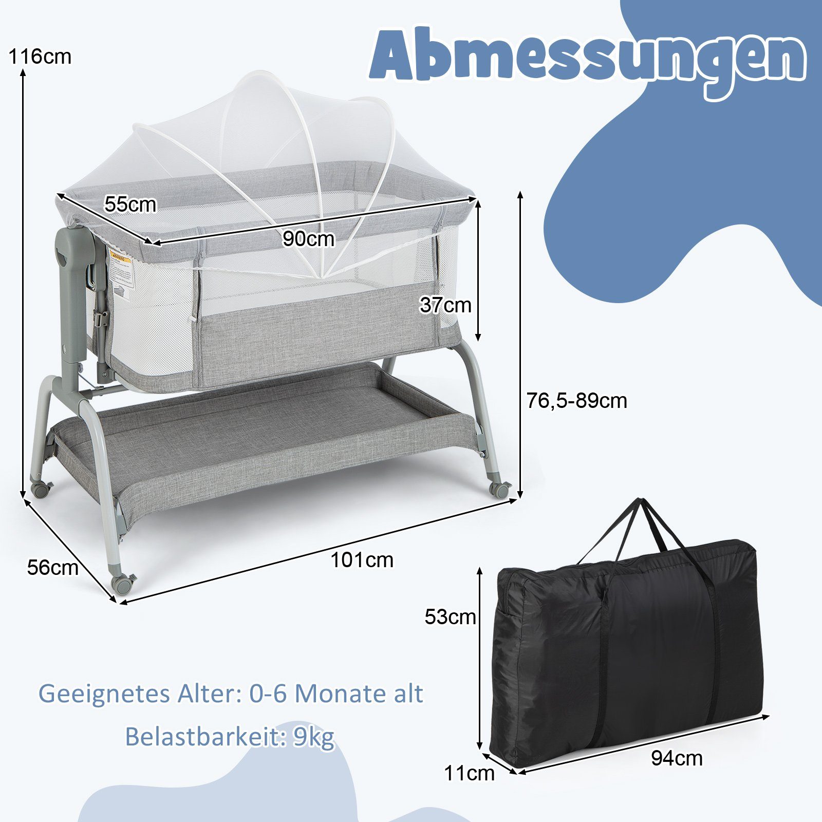 COSTWAY Baby-Reisebett 4 in 1 Beistellbett, 6 fach höhenverstellbar