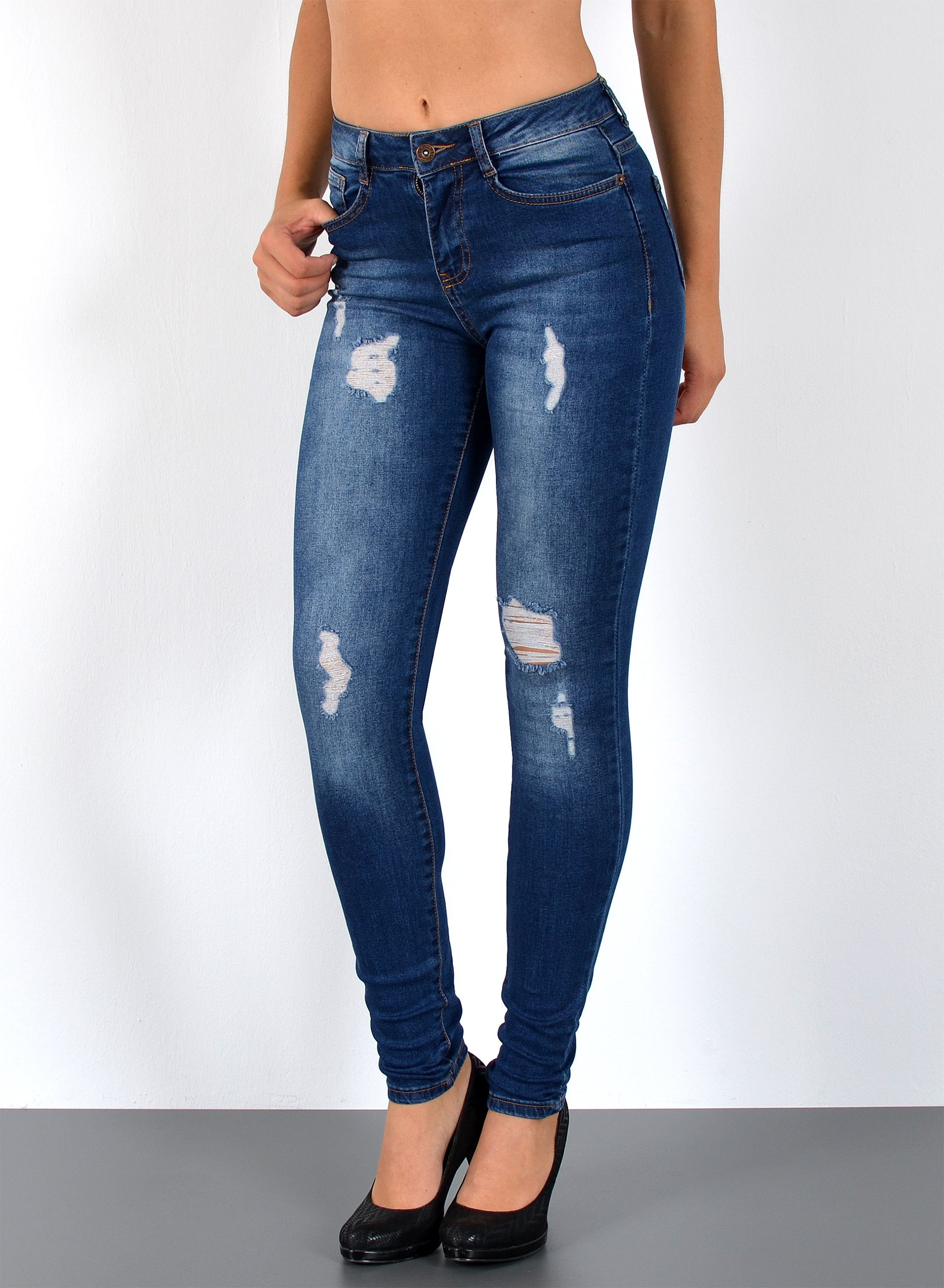 ESRA Skinny-fit-Jeans S600 Damen Skinny Fit Jeans Hose High Waist, bis Übergröße / Plussize, Enge Jeans Hohe Leibhöhe bis Große Größe, Enge Röhrenjeans, Schmale Jeans, Hoch Bund, Stretch, hohe Bundhöhe, Skinny Jeans Hose bis zur Taille, Damen Jeans Hose Destroyed, Destroyed Jeanhose mit Risse