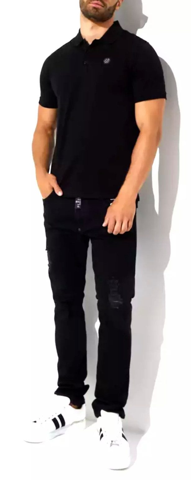 PHILIPP PLEIN Poloshirt Polohemd mit PP Hexagon Patch und Skull&Bones Logo Slim fit Gerippter Kragen und Bündchen, Asymmetrischer Saum