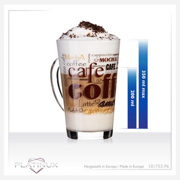 PLATINUX Latte-Macchiato-Glas Kaffeegläser mit Kaffee-Motiv, Glas, mit Kaffeeaufdruck Set 6-Teilig 300ml aus Glas Latte Macchiato Gläser