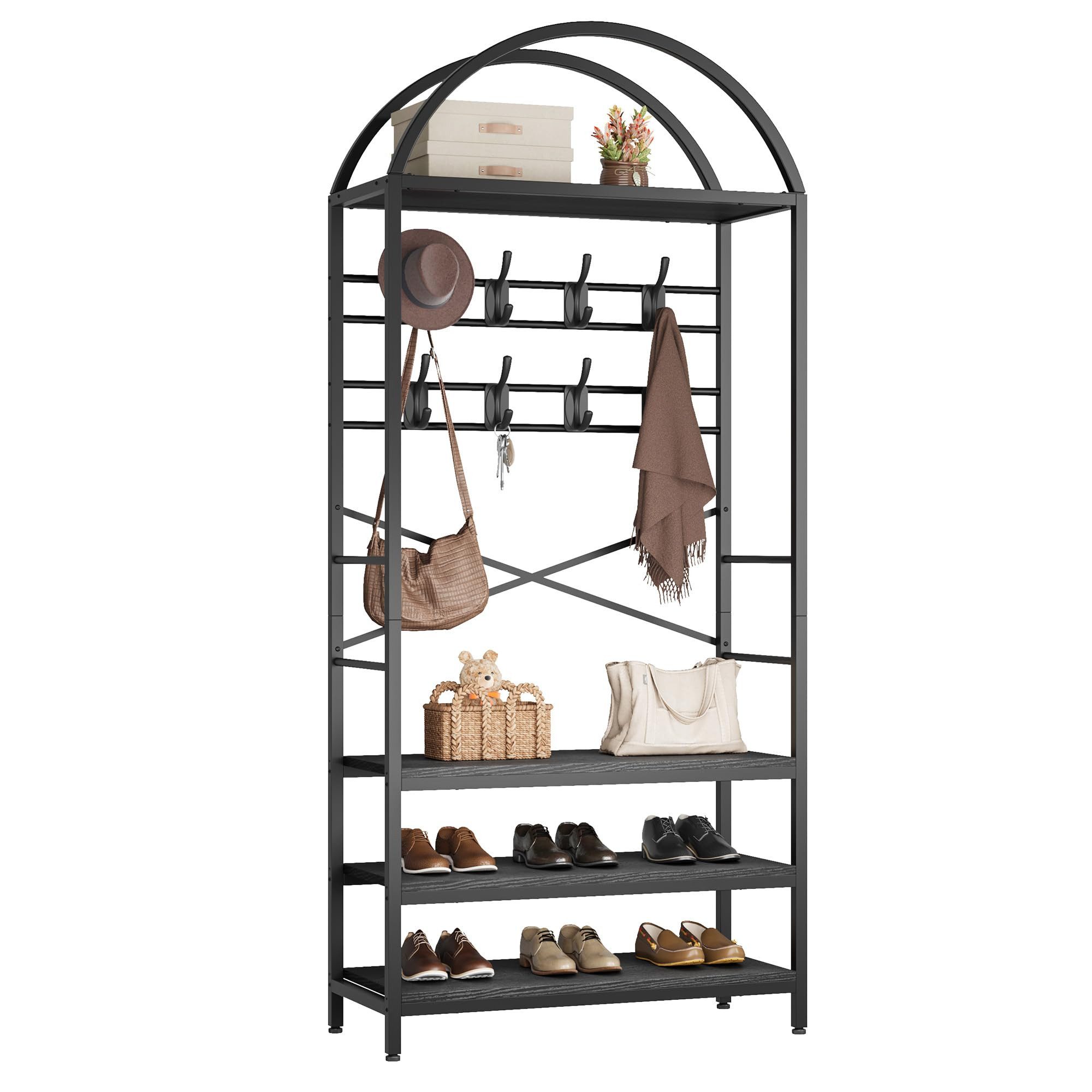 GarveeMore Kleiderständer Gewölbter Garderobenständer Standregal Mehrzweckregal Stauraumregal, (1 St., Kleiderständer), 100cm Breite Regal, Küchenregal, Schuhregal, Mit 8 Haken und 3 Ablagen