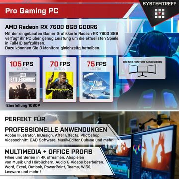 SYSTEMTREFF Gaming-PC (AMD Ryzen 5 5600X, Radeon RX 7600, 16 GB RAM, 1000 GB SSD, Luftkühlung, Windows 11, WLAN)