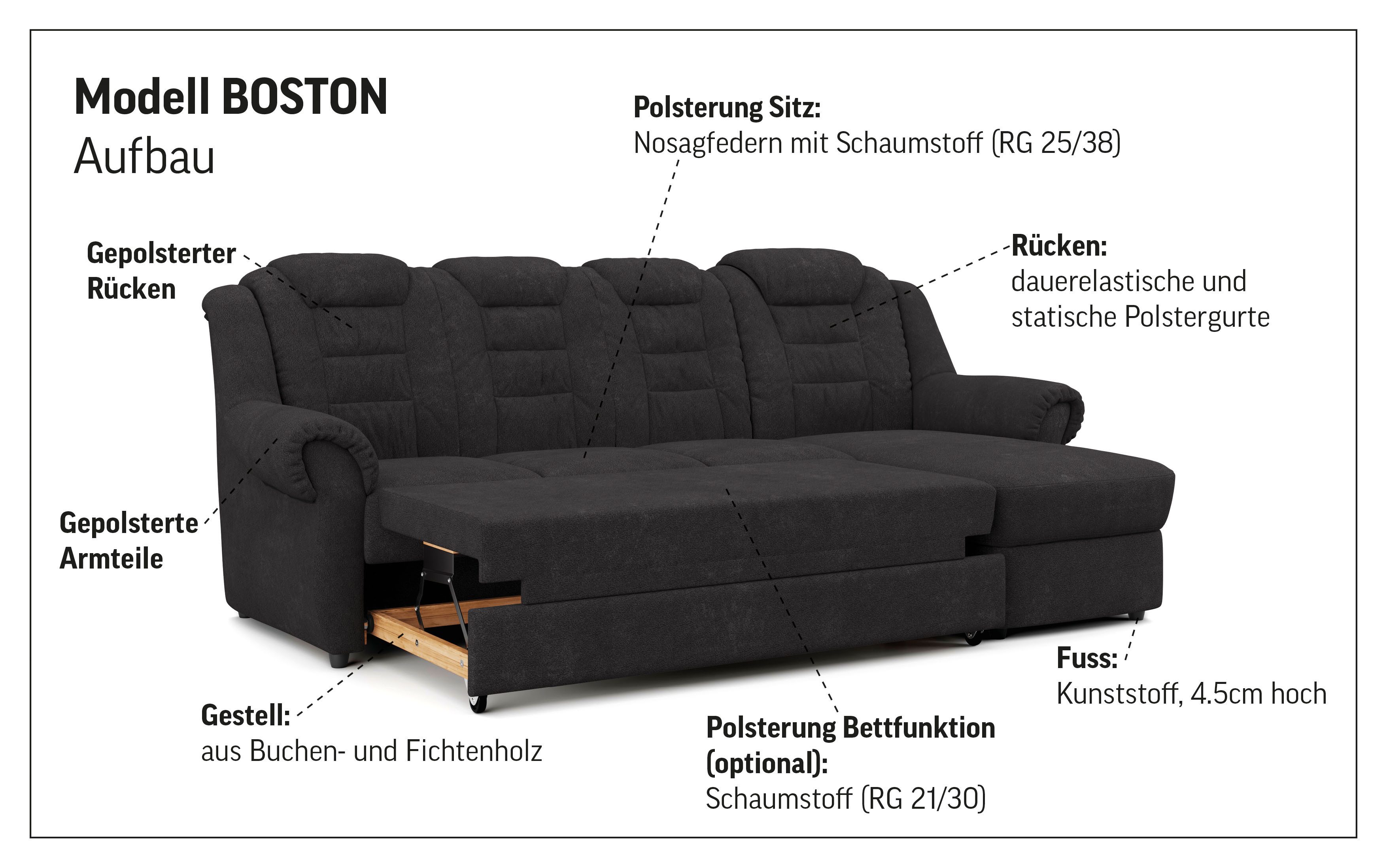 Home affaire Ecksofa Boston L-Form, mit hoher Rückenlehne, wahlweise mit Bettfunktion