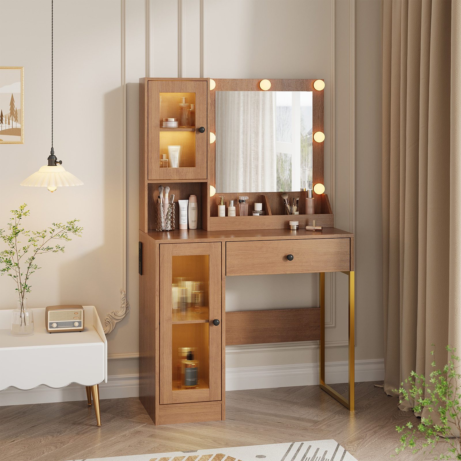 GarveeMore Schminktisch mit kratzfestem Spiegel, 3-farbiges LED Licht & stufenlose Dimmung (Weiß/Braun), 1 Schublade & 2 Schränke mit Glastüren & 3 offene Fächer