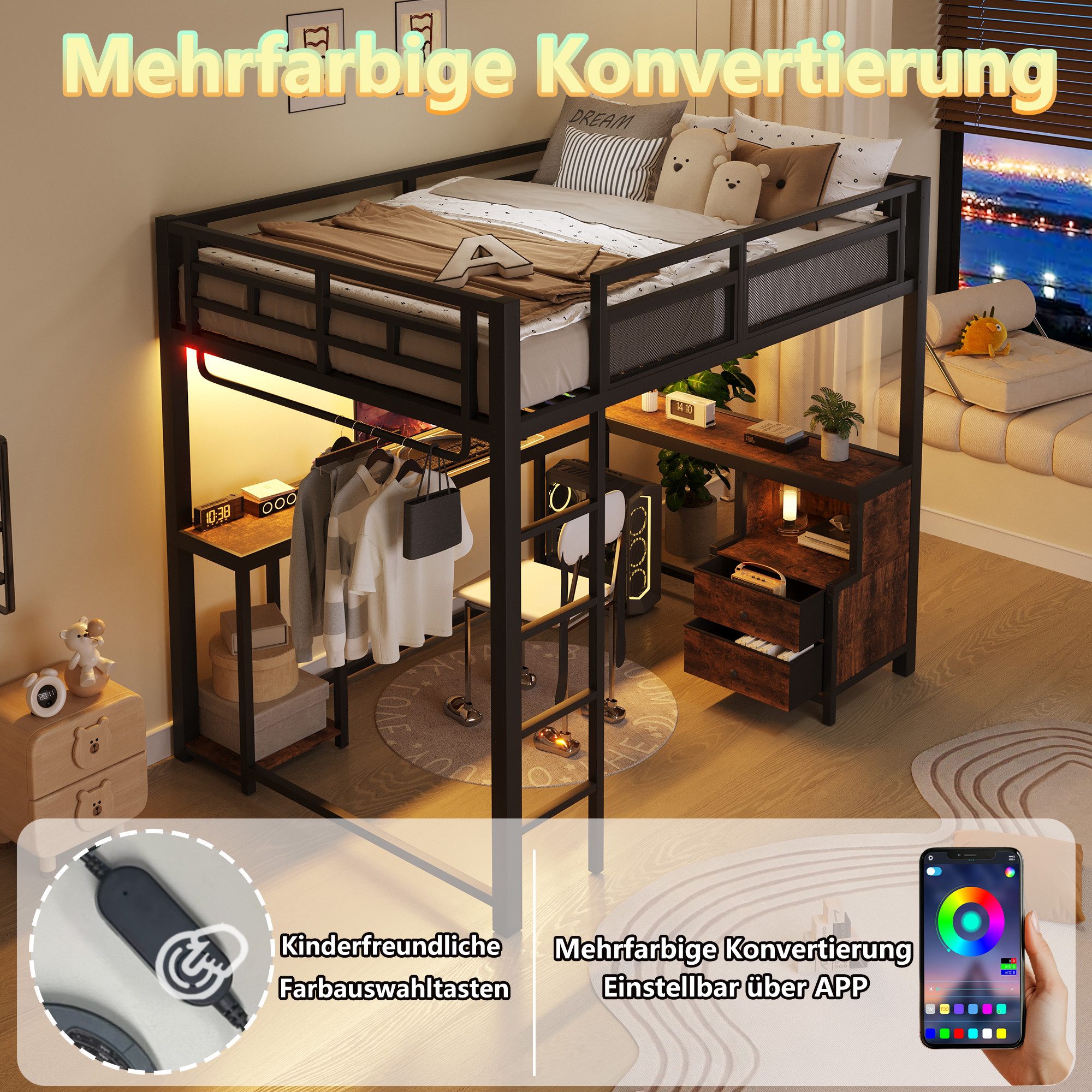 Merax Hochbett 140x200cm mit LED-Beleuchtung & USB-Ladestation (Jugendbett Loftbett, 1-St) Metallbett Kinderbett mit Schreibtisch, Ablagefächern & Kleiderstange – Bild 5 von 5