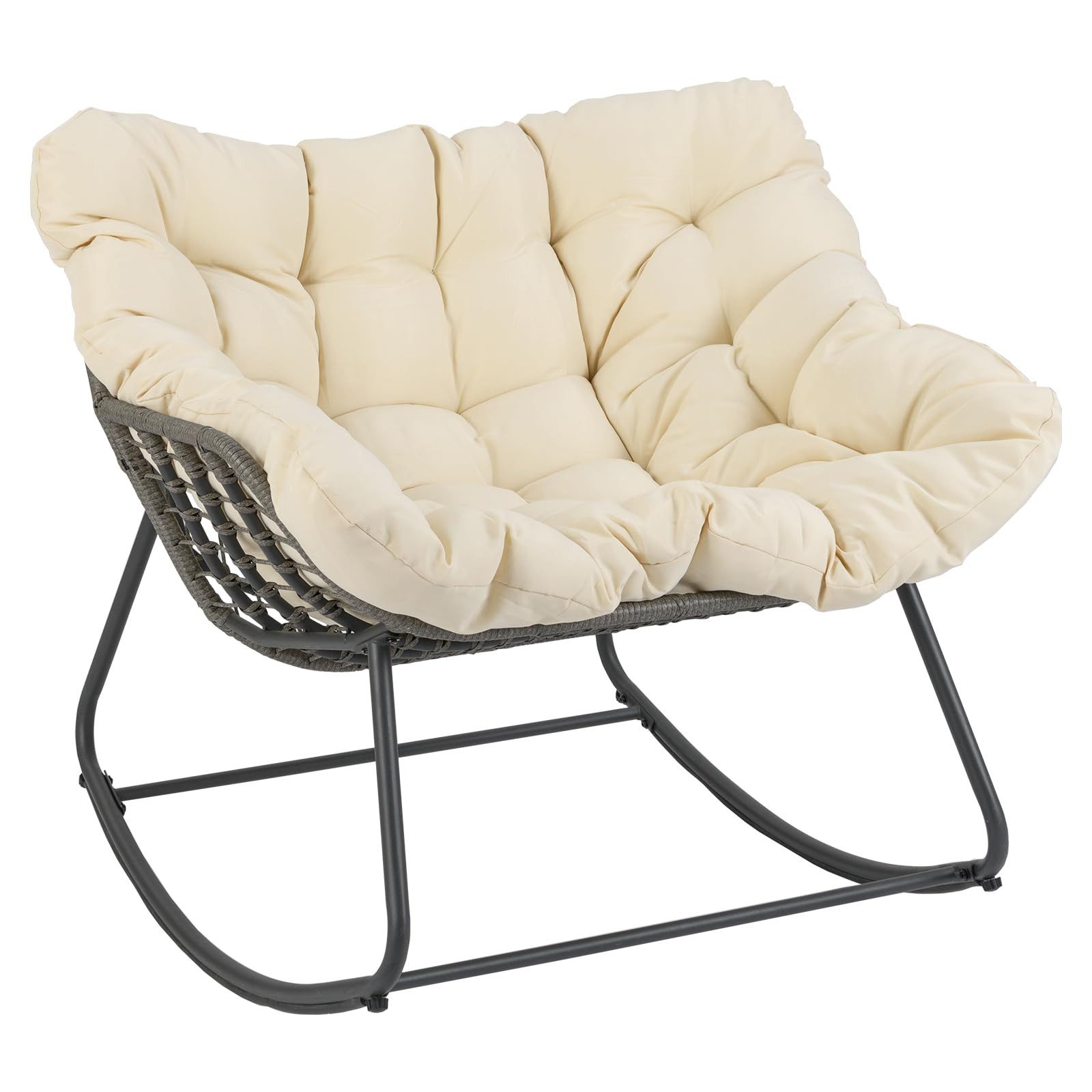 COSTWAY Schaukelstuhl (1 St), Rattanstuhl mit dickem & abnehmbarem Kissen, Metallrahmen, 150kg