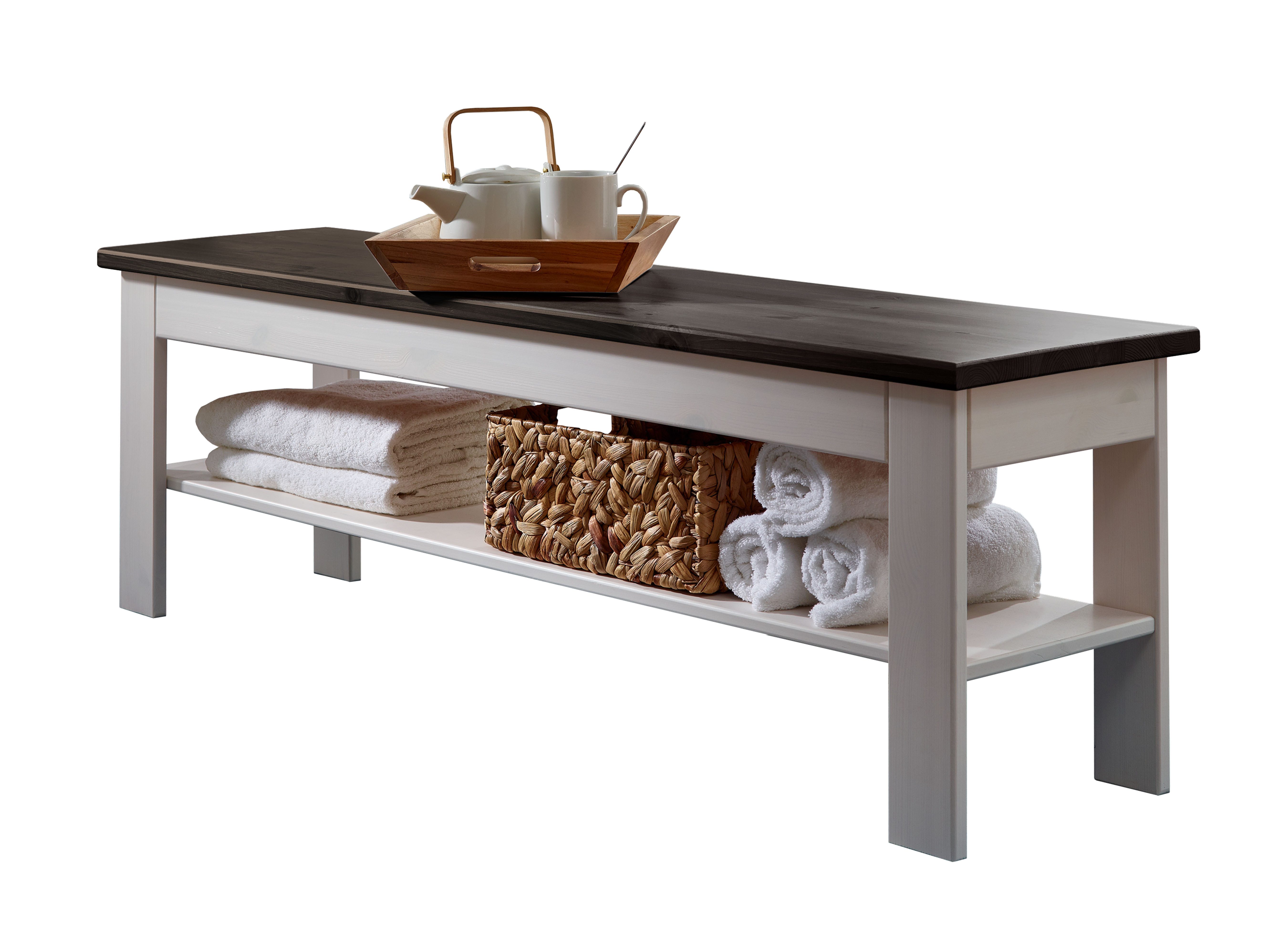 Woodroom Pila (Kiefer massiv weiß gewachst), Sitzbank 140 cm, Bank mit Ablage, Bank fürs Bettende