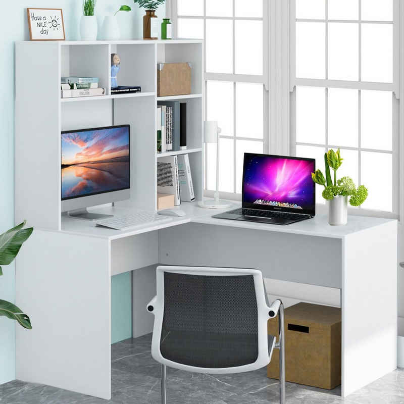 Homfa Schreibtisch, Eckschreibtisch L-förmig, Computertisch Bürotisch weiß 152cm