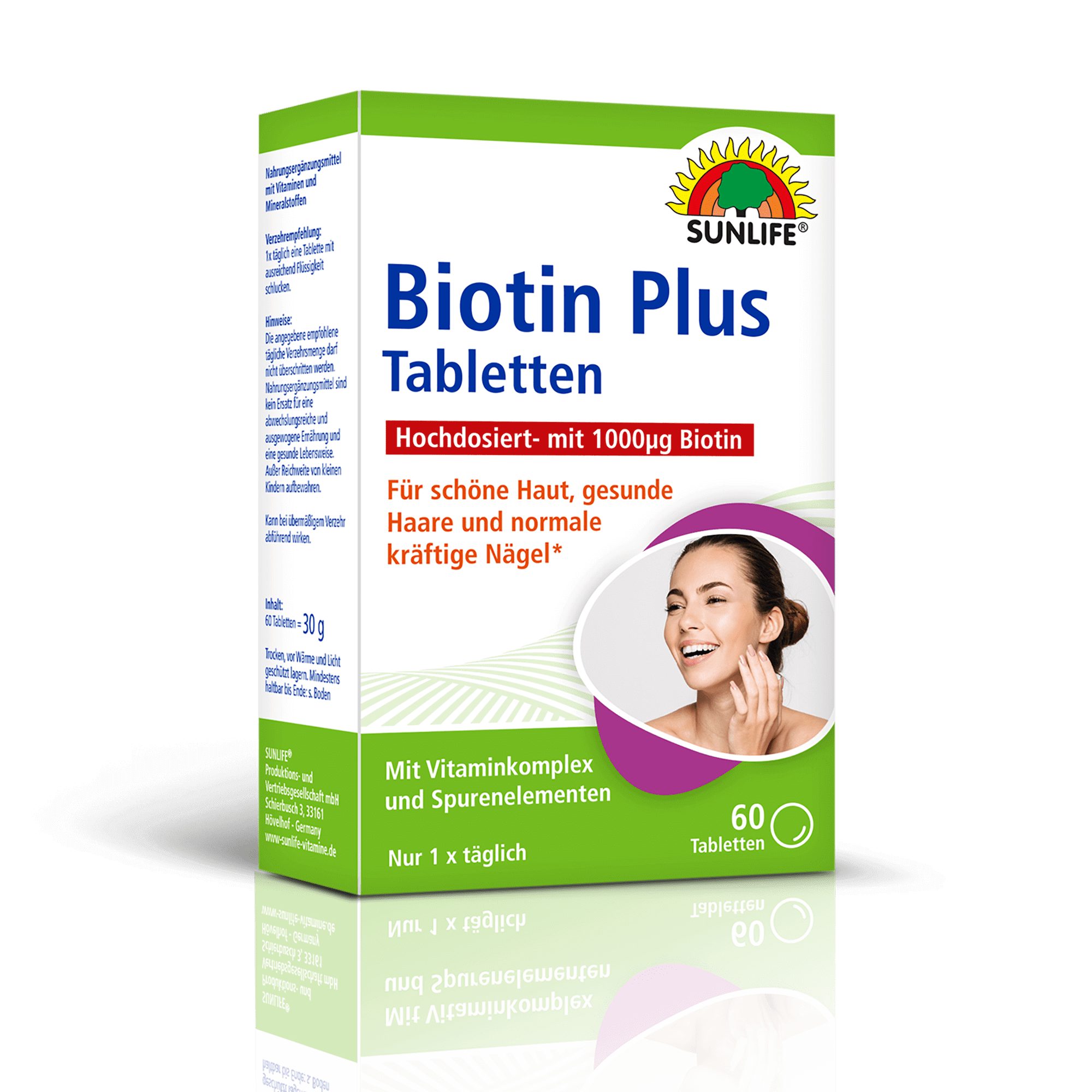 SUNLIFE SUNLIFE® Biotin Plus 60 Tabletten hochdosiert für Haut Haare Nägel 1 x täglich eine Tablette mit ausreichend Flüssigkeit schlucken