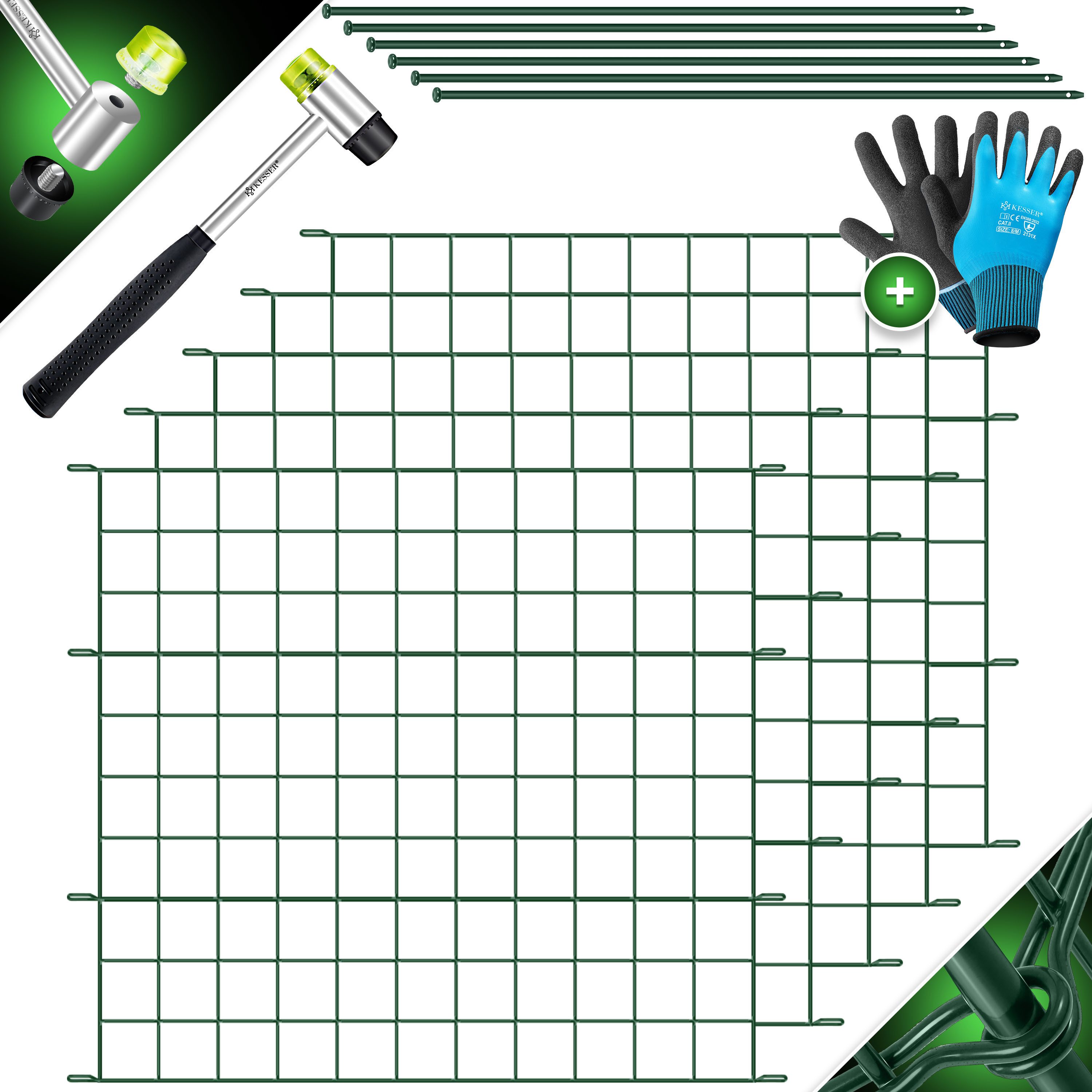 KESSER Zaun Teichzaun Gartenzaun Steckzaun Komplettset Metall Zaun für Garten, (Inkl. Handschuhe, Hammer + Befestigungsstäben), Zaun zum stecken für Garten, Gitterzaun Set Freigehege für Tiere