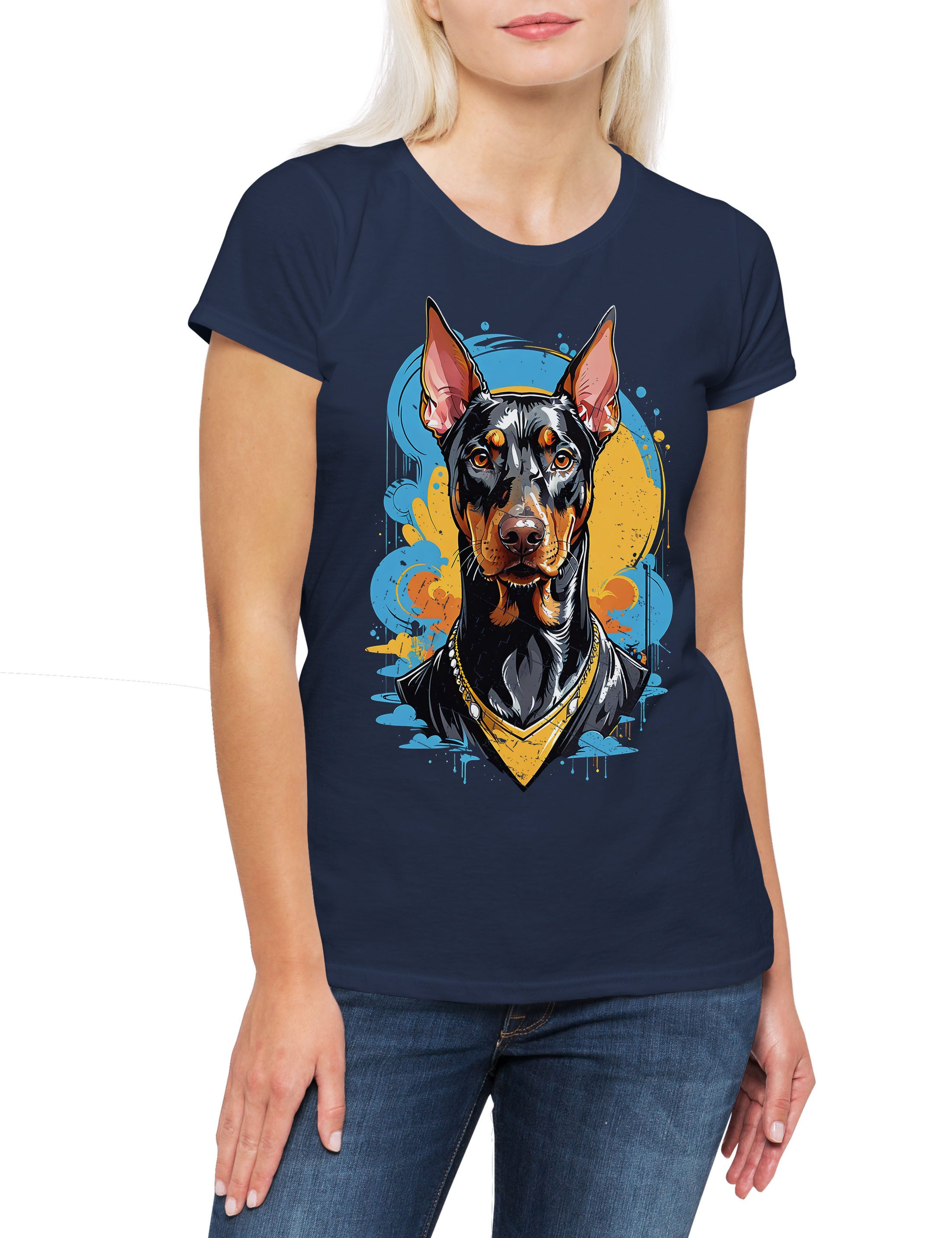 Urban Backwoods Print-Shirt Dobermann Art Damen T-Shirt Wachhund Hundesport Doberman Pinscher Hund (1-tlg) Dog Breed Pet Rasse