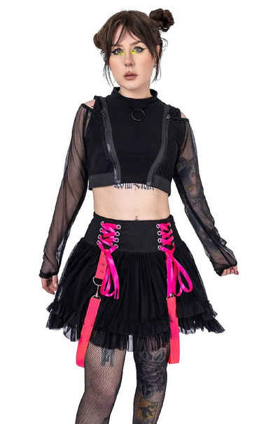 Poizen Industries Stufenrock Chaotic Schwarz Pink Goth Gothic Schnürung Volant Riemen Nieten