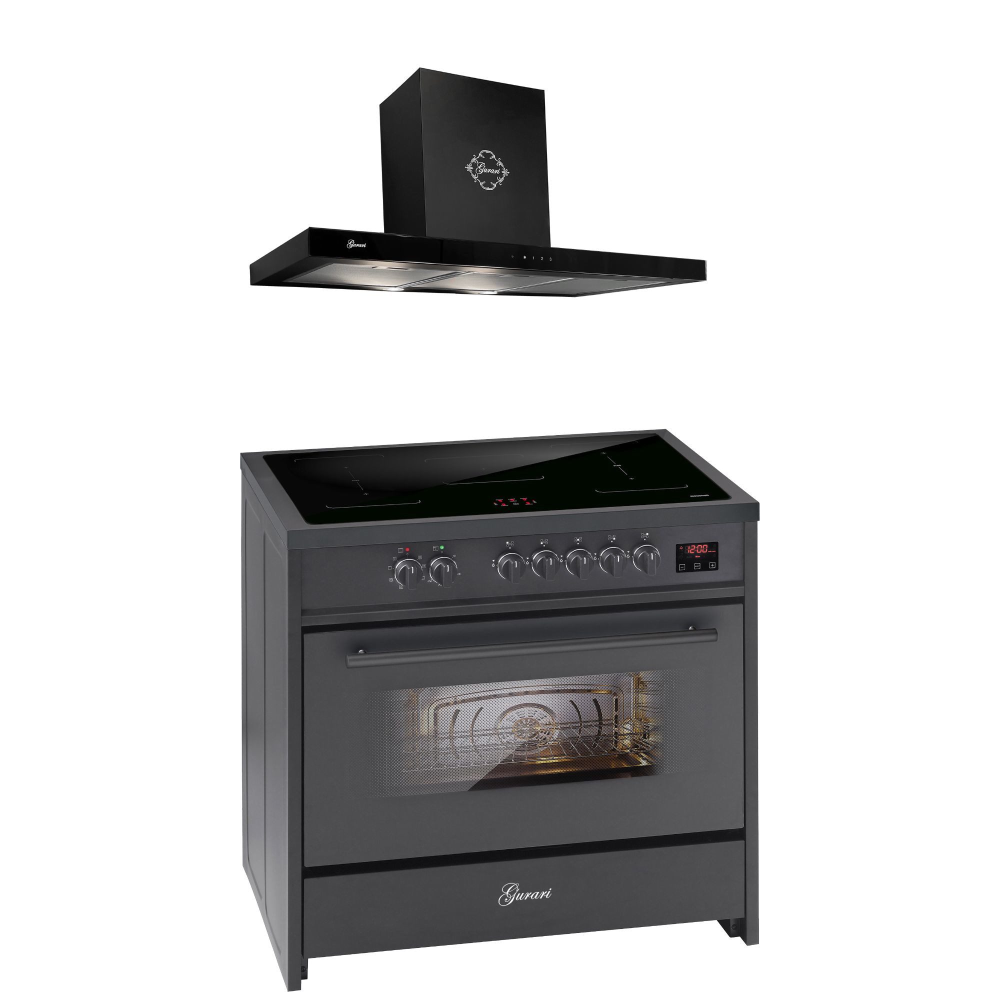 GURARI Induktions-Standherd Range Cooker 90 cm, Schwarz, 5 Kochzonen, 121L+Dunstabzugshaube 90 cm E 913 BL+GCH 462 BL 9 Prime., mit 1-fach-Teleskopauszug