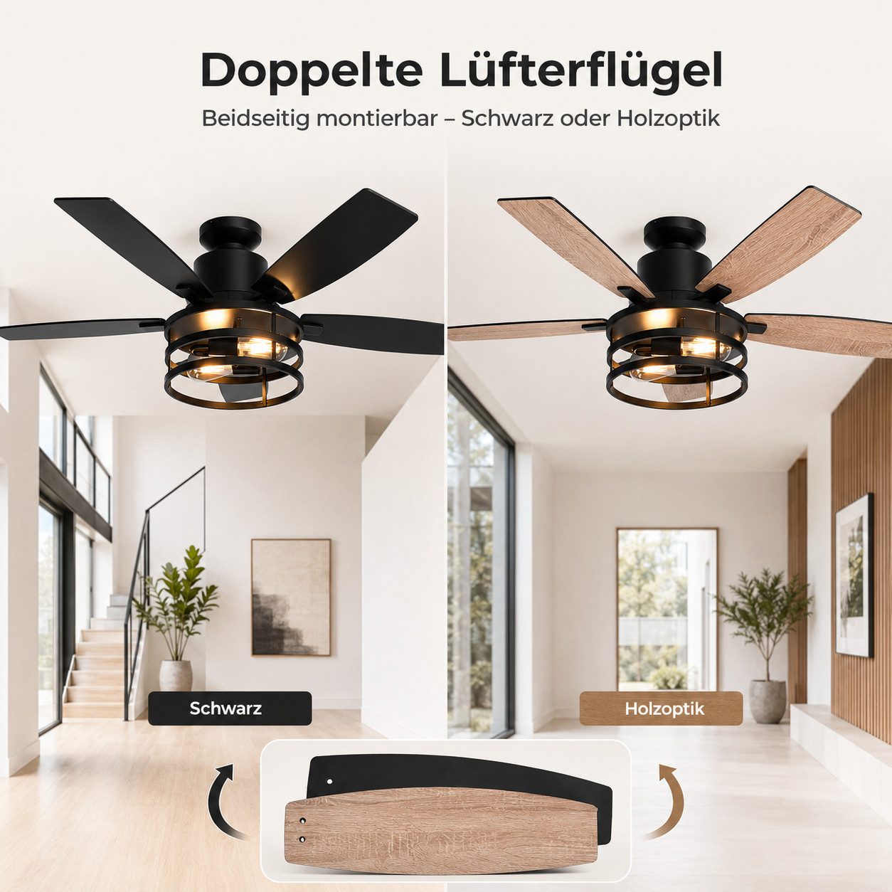 Lapalife Deckenventilator Mit Beleuchtung, Ventilator mit Licht, Leise, Doppelseitige Flügel, 6 Windgeschwindigkeitsstufen, Timer, mit 2 Glühbirnen