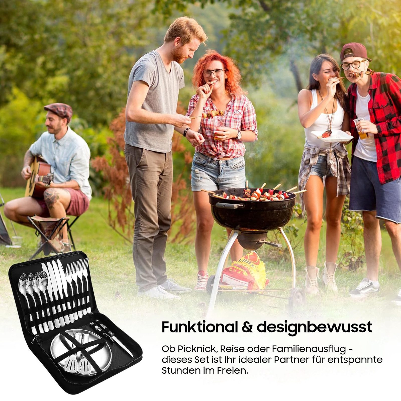 SURFOU Besteck-Set Camping Geschirr Set 4 Personen, 24 Stück Camping Besteck Set, 4 Personen, Besteck Camping mit Löffel Gabel Messer Teller Clip für Camping,Reisen