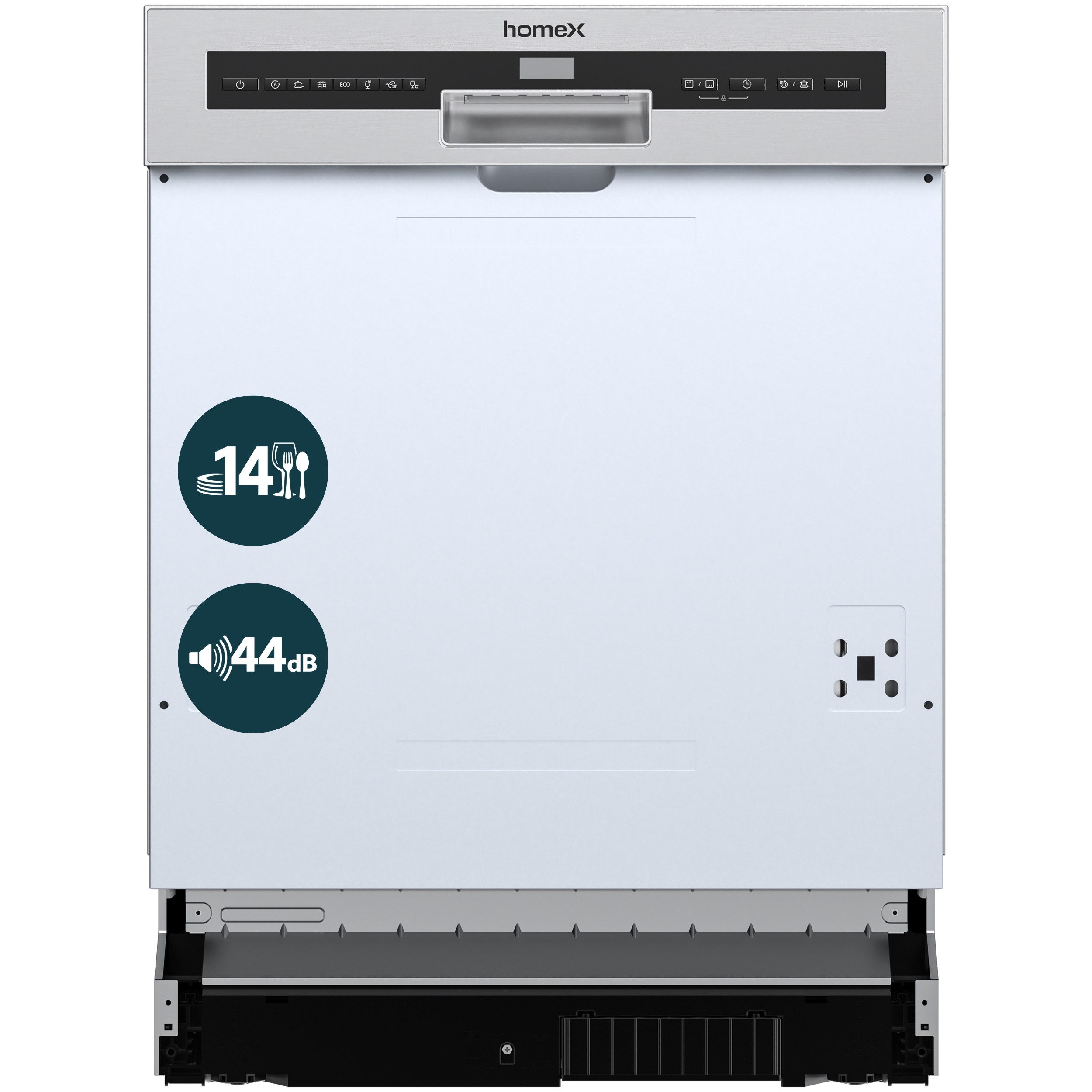 homeX teilintegrierbarer Geschirrspüler DWSI601444C, 10 l, 14 Maßgedecke, Einbau Spülmaschine teilintegriert 60 cm, 14 Gedecke, AquaStop, 44 dB