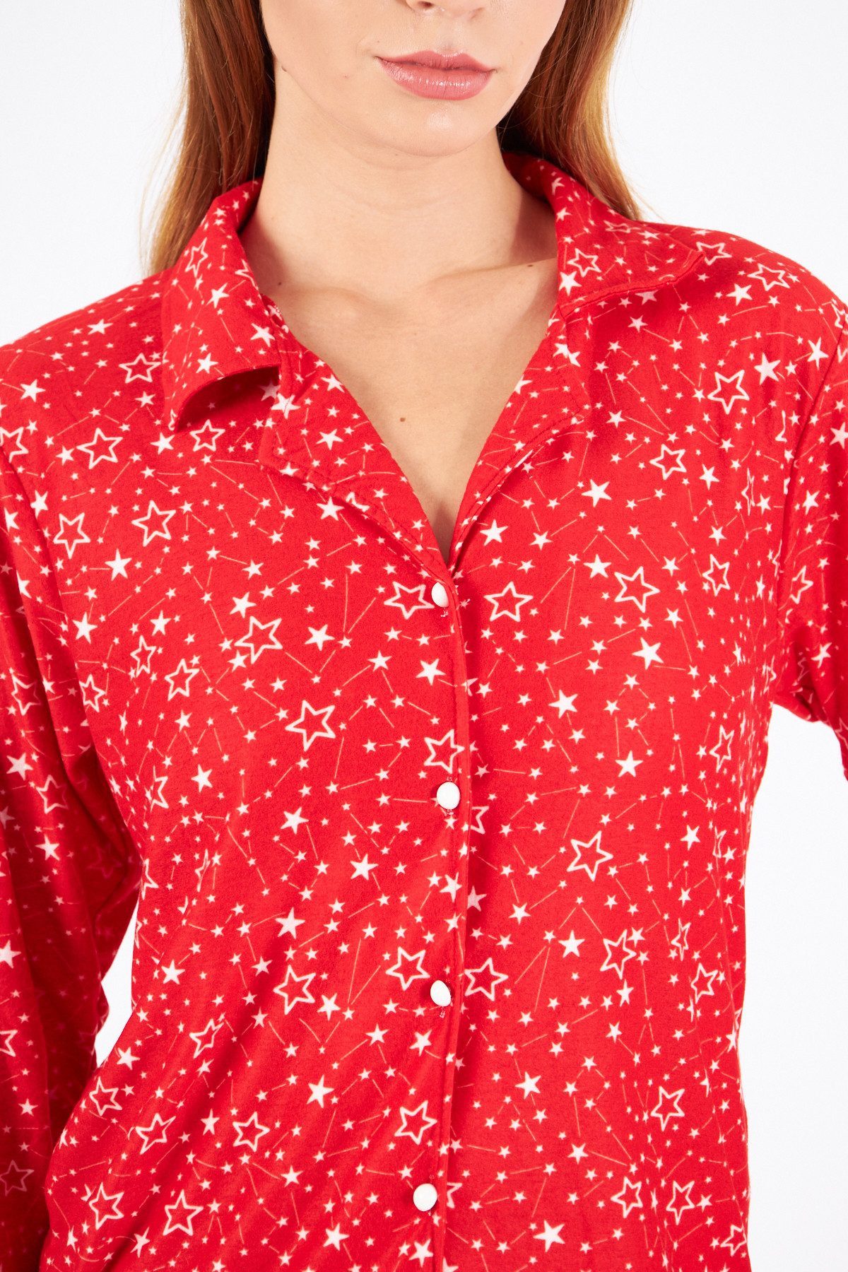 fashionshowcase Schlafanzug Damen Pyjama Set Langärmliges Hemd Lange Hose 100% Baumwolle (Zweiteiler, Nachthemd mit Hose) mit Knopfleiste – Bild 4 von 5