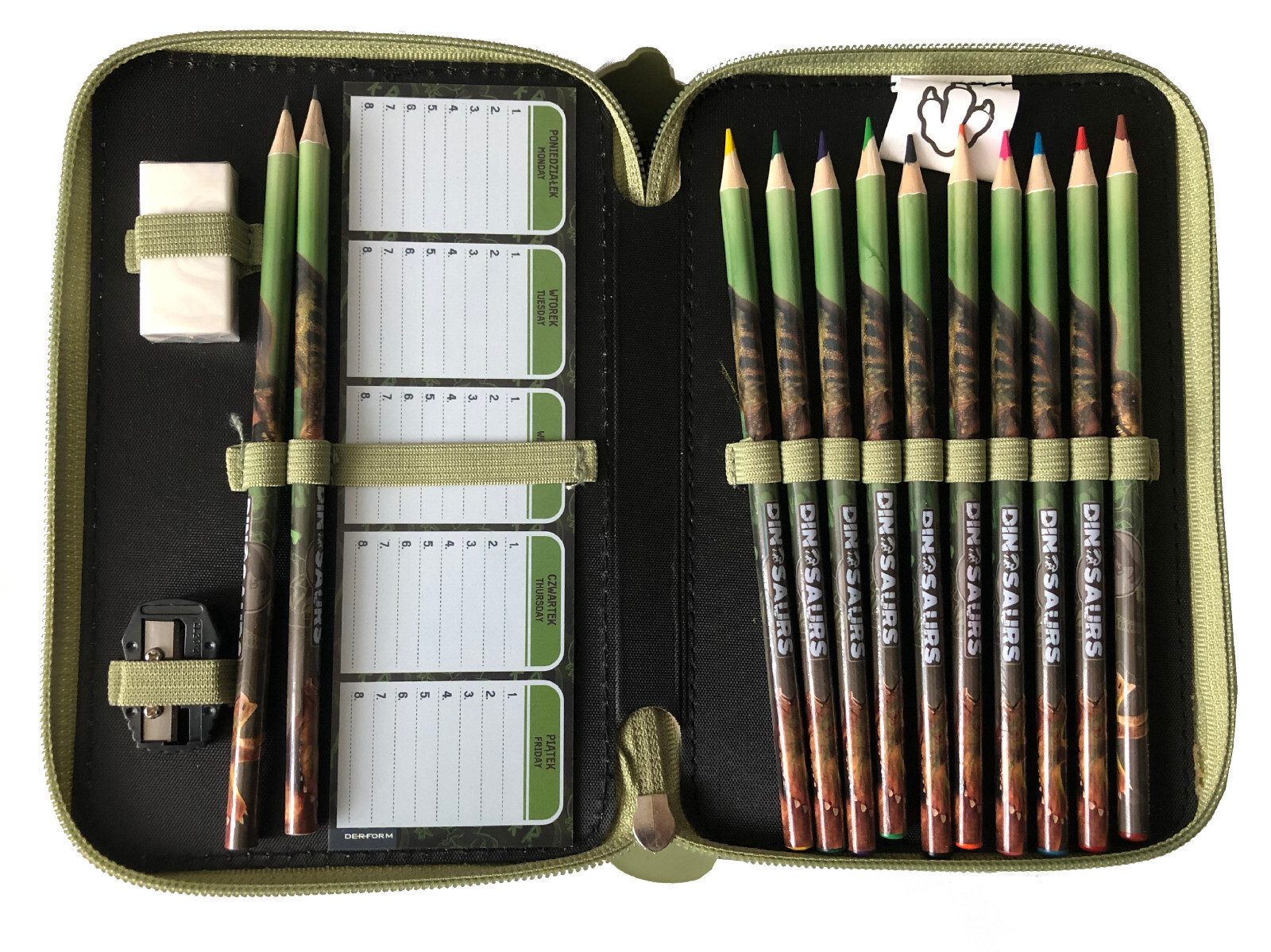 DERFORM Schulranzen 5 tlg. Set Tornister Dinosaurier Dino Turnbeutel Brotdose Federtasche (Set, 5-tlg., Brotdose und Trinkflasche, Schulranzen mit Federmappe Turnbeutel)